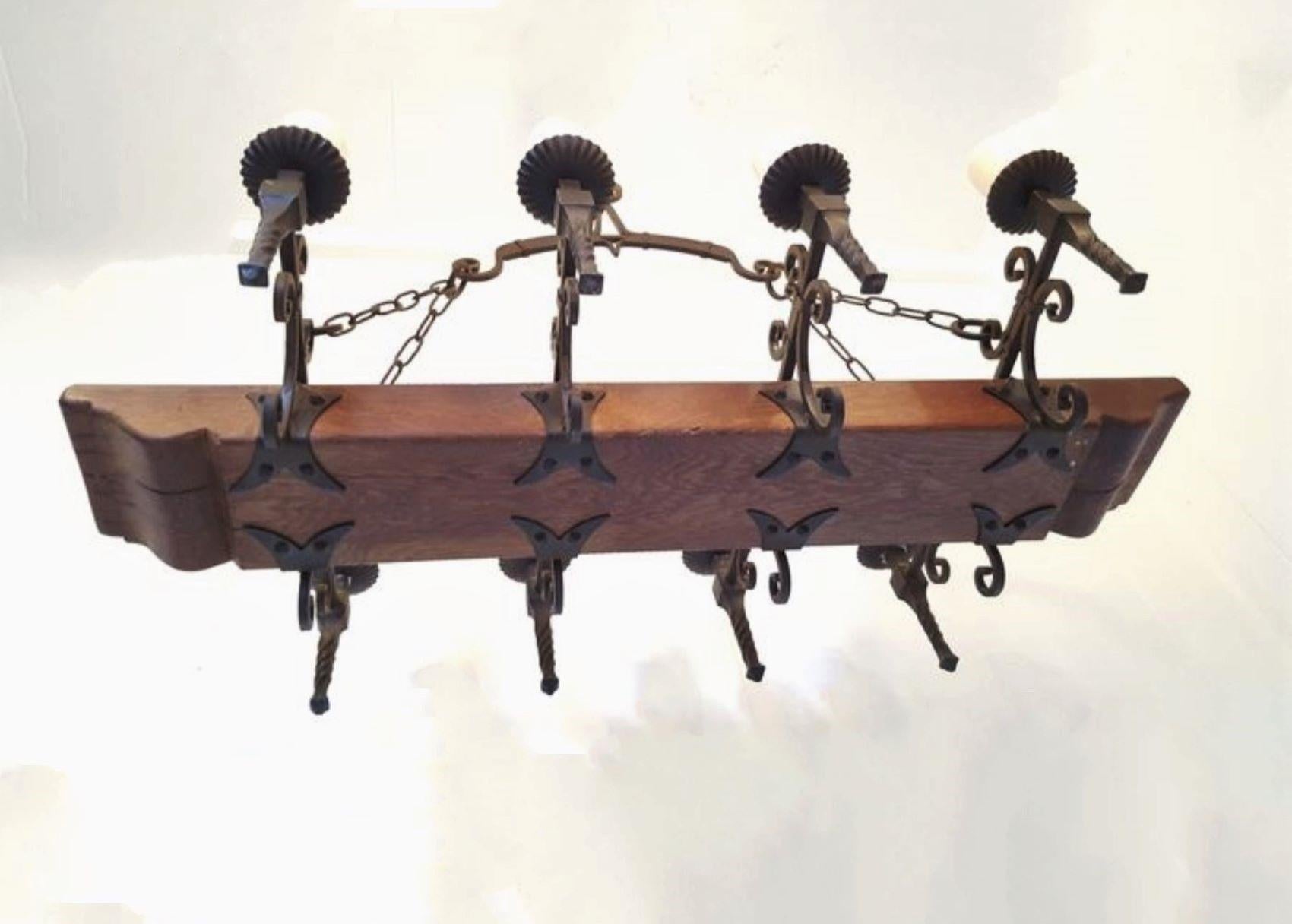 Spanish Handcrafted Forged Wrought Iron Oak Castle Chandelier, Mid-19th Century  For Sale 10