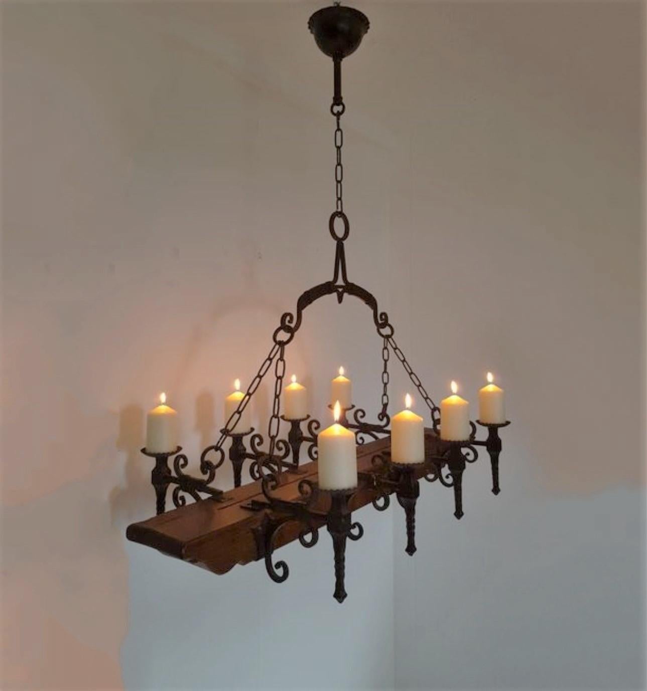 Medieval Spanish Handcrafted Forged Wrought Iron Oak Castle Chandelier, Mid-19th Century  For Sale