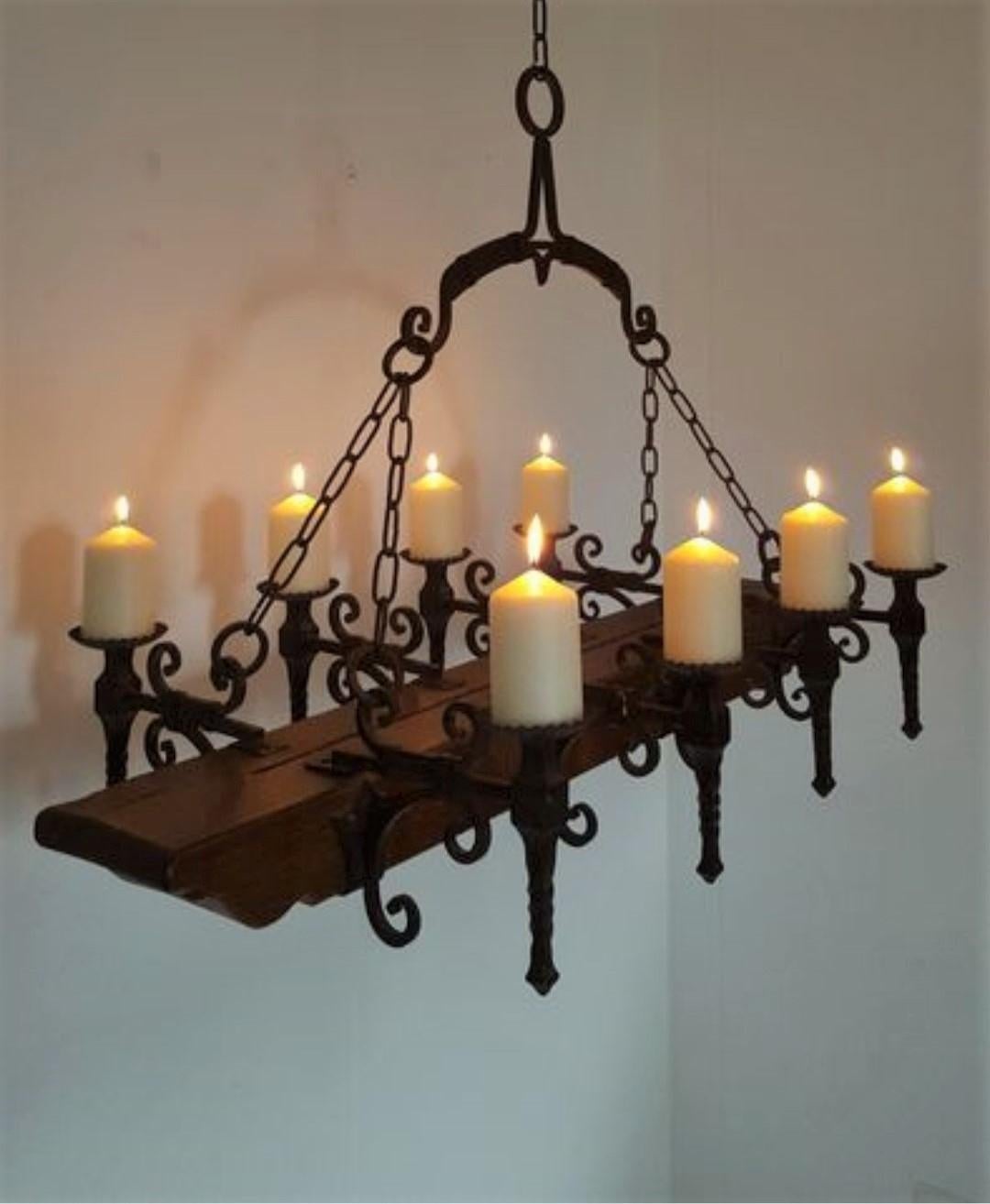 Hand-Crafted Spanish Handcrafted Forged Wrought Iron Oak Castle Chandelier, Mid-19th Century  For Sale