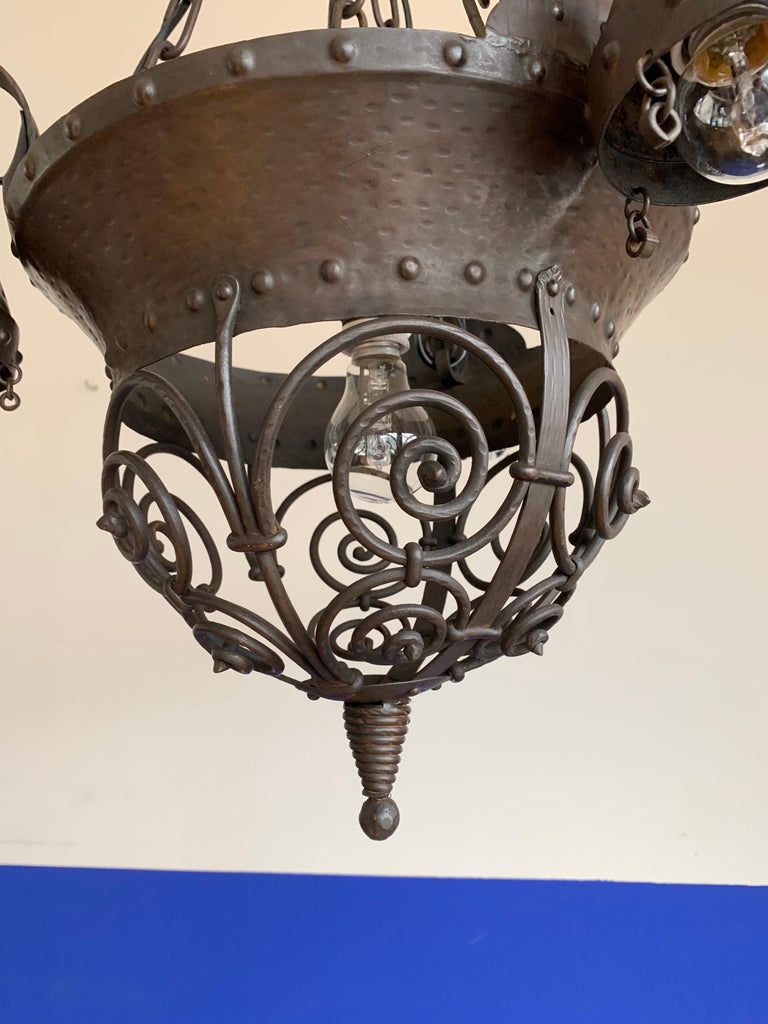 Unique Arts and Crafts Crafted Wrought Iron Chandelier / 4-Light Fixture, 1890s For Sale 4