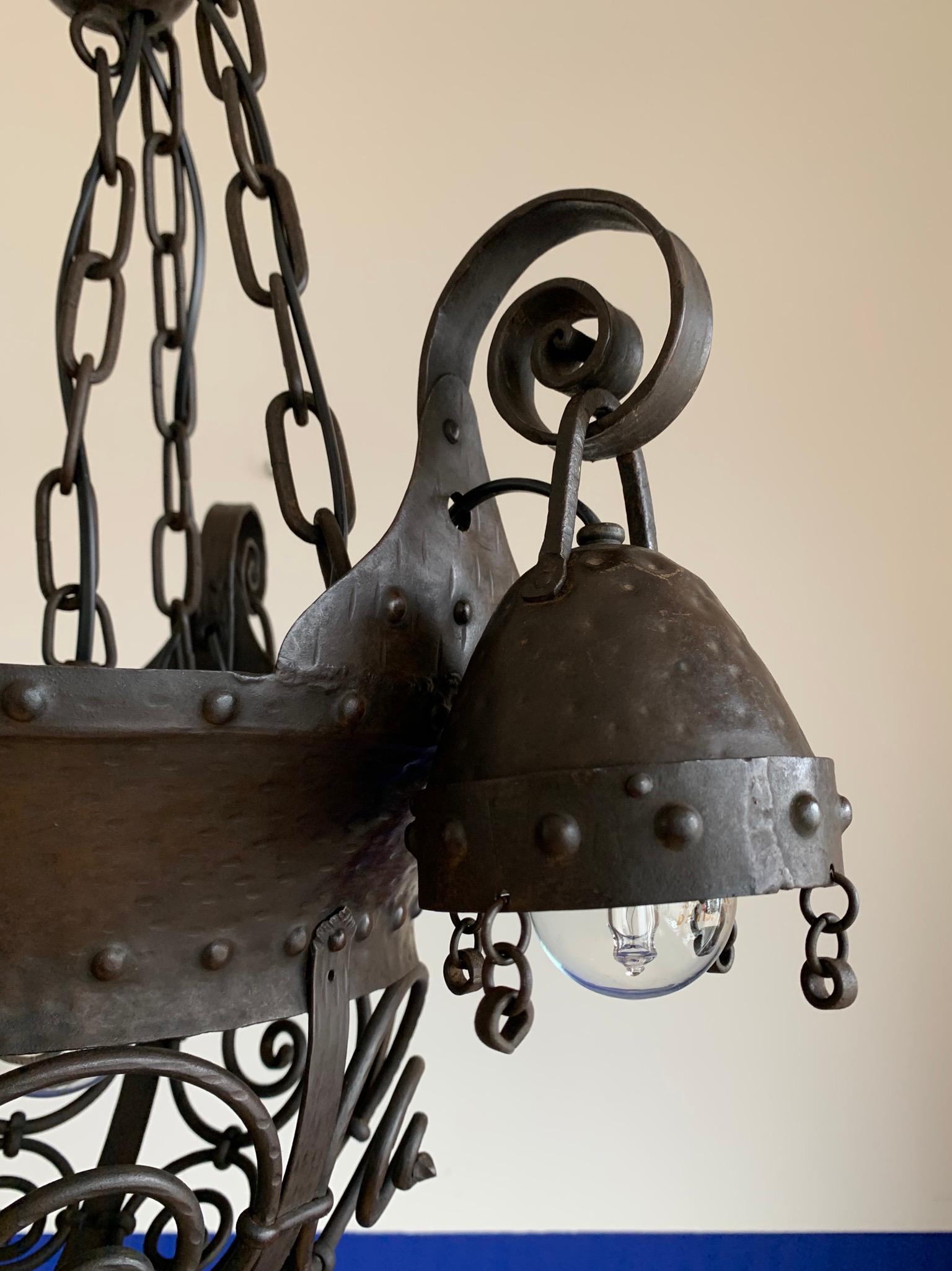 Unique Arts and Crafts Crafted Wrought Iron Chandelier / 4 Light Pendant, 1890s For Sale 3
