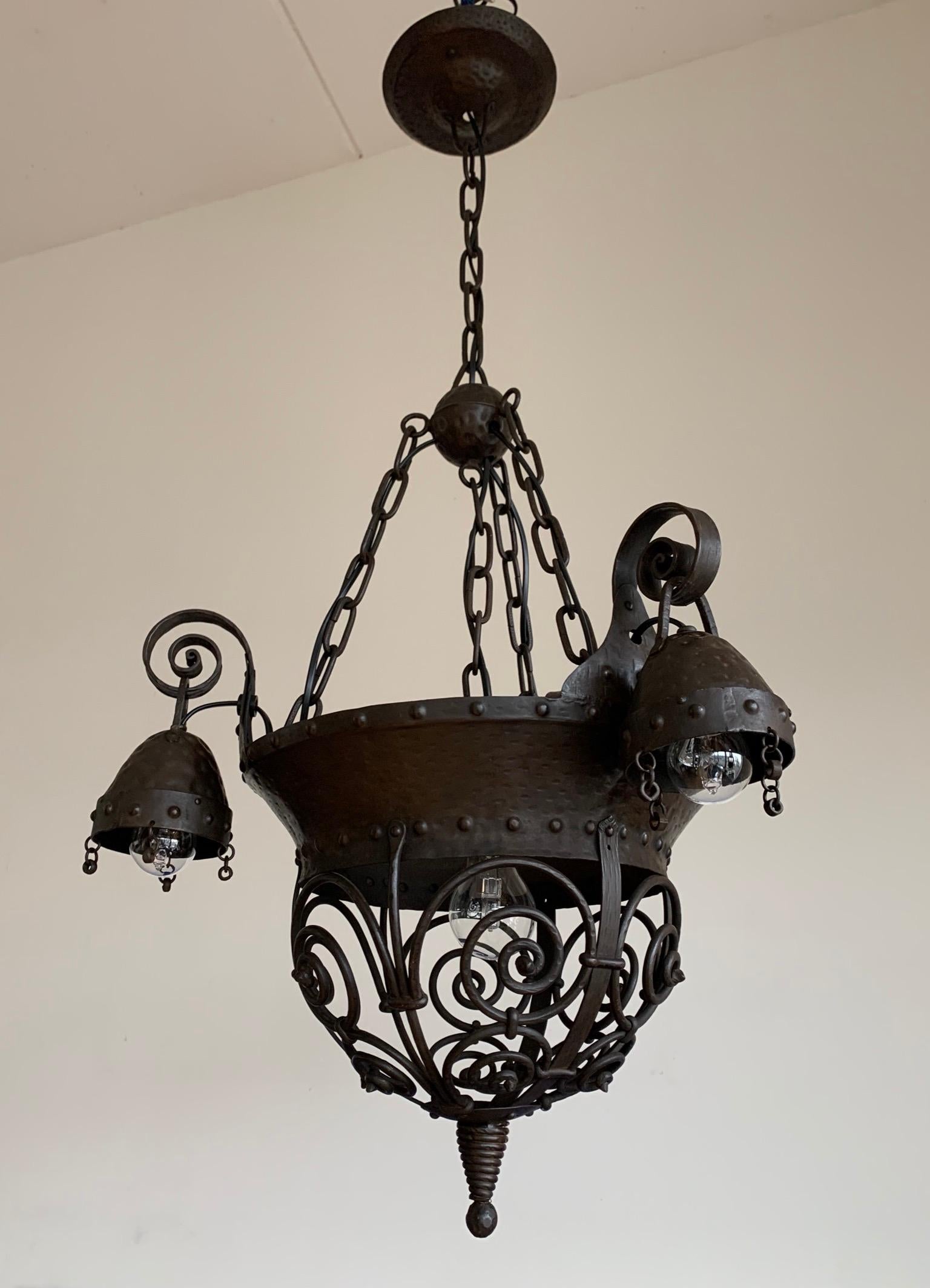 Unique Arts and Crafts Crafted Wrought Iron Chandelier / 4 Light Pendant, 1890s For Sale 4