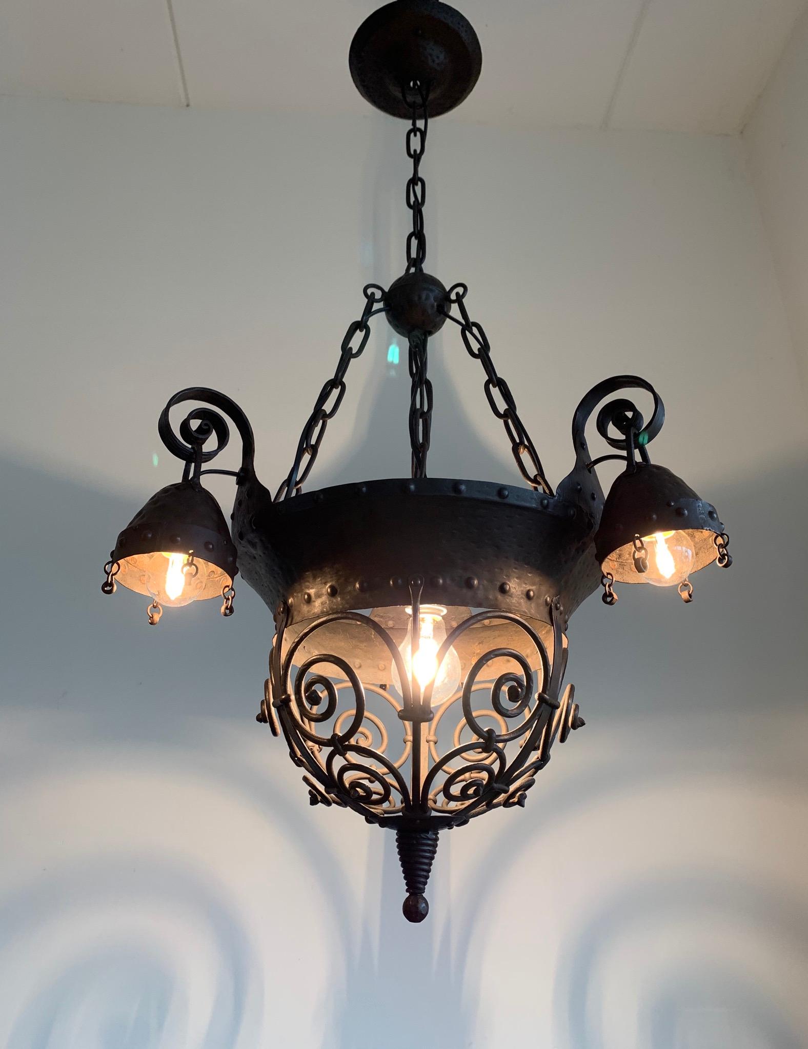 Unique Arts and Crafts Crafted Wrought Iron Chandelier / 4 Light Pendant, 1890s For Sale 5
