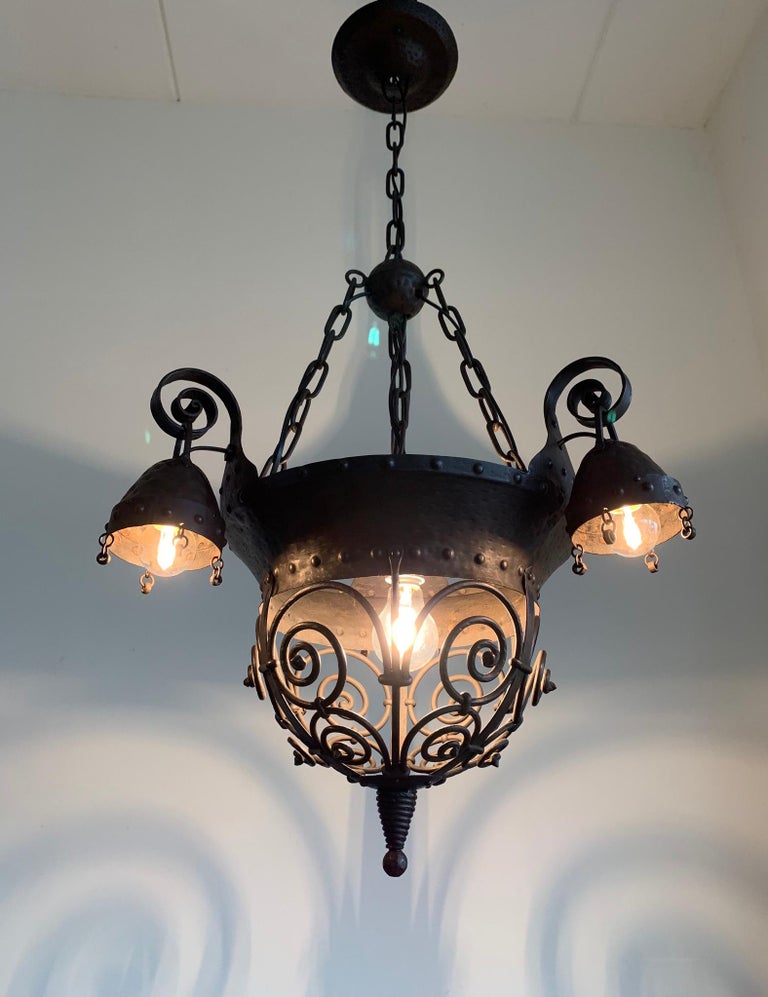 Unique Arts and Crafts Crafted Wrought Iron Chandelier / 4-Light Fixture, 1890s For Sale 8