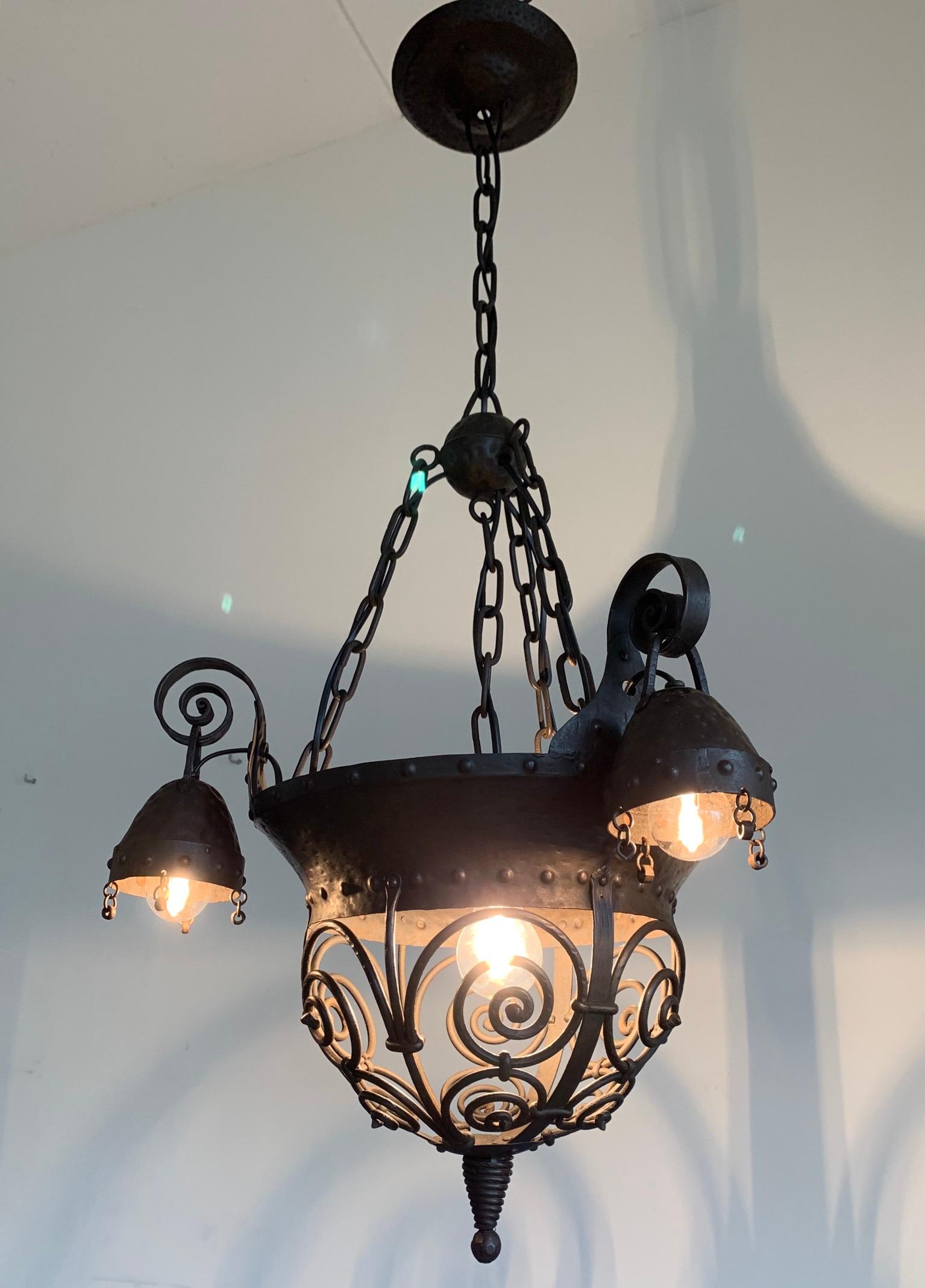 Unique Arts and Crafts Crafted Wrought Iron Chandelier / 4 Light Pendant, 1890s For Sale 6