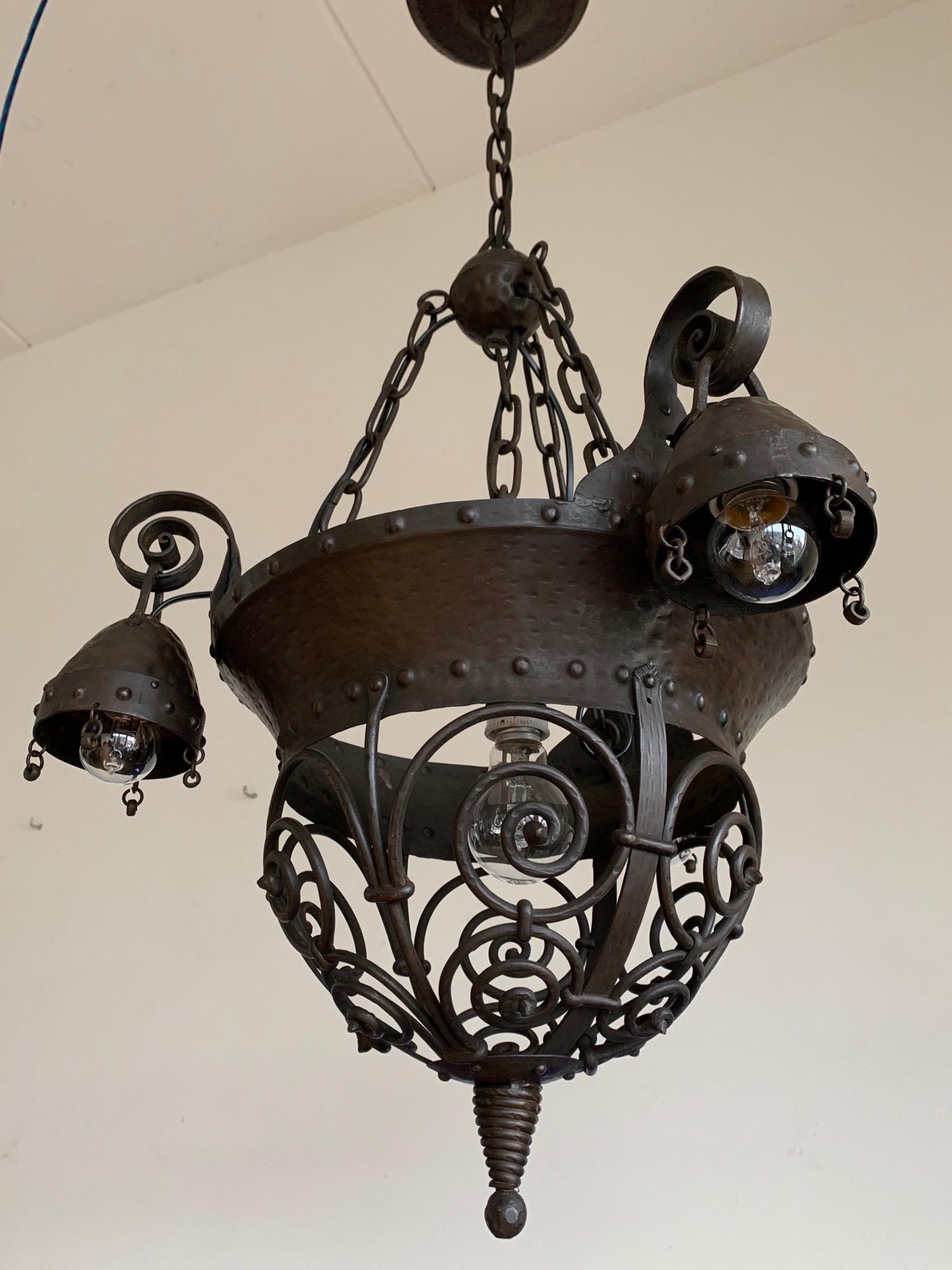 Unique Arts and Crafts Crafted Wrought Iron Chandelier / 4 Light Pendant, 1890s For Sale 7