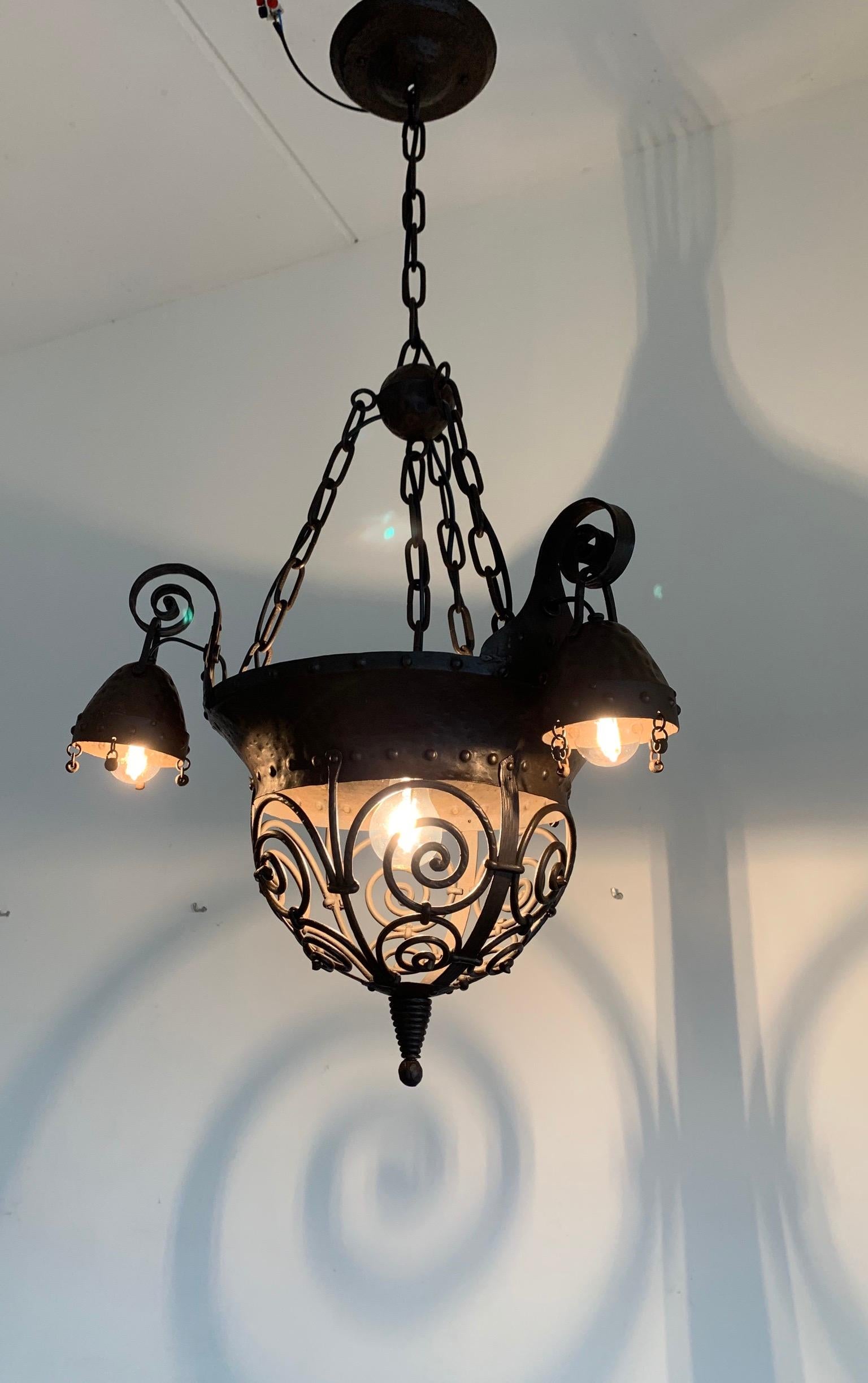 Unique Arts and Crafts Crafted Wrought Iron Chandelier / 4 Light Pendant, 1890s For Sale 9