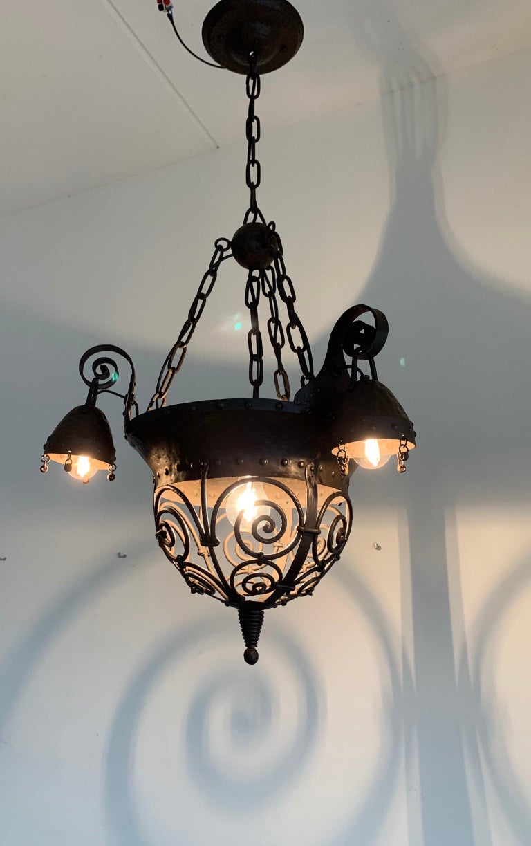 Unique Arts and Crafts Crafted Wrought Iron Chandelier / 4-Light Fixture, 1890s For Sale 12