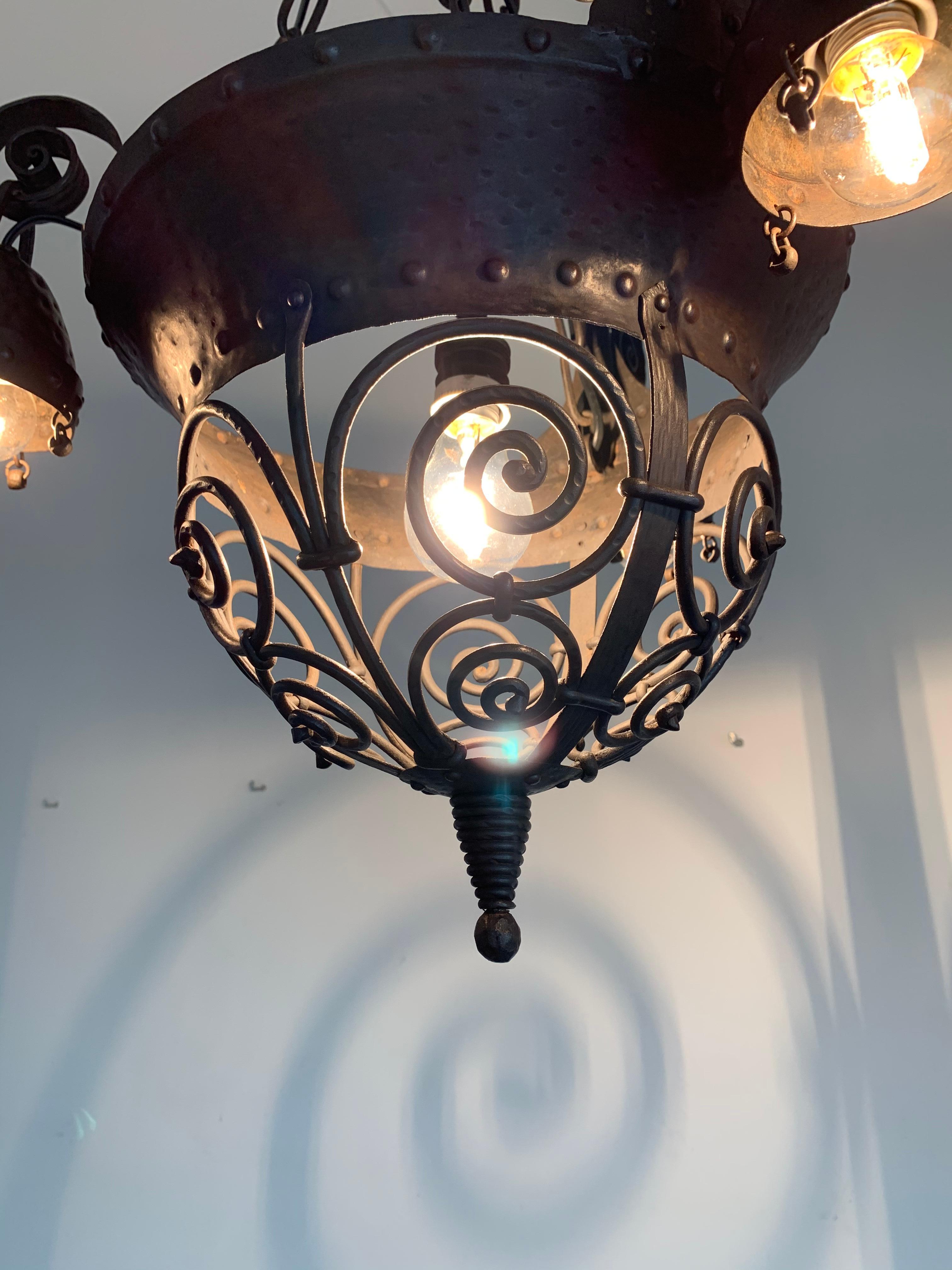 Unique Arts and Crafts Crafted Wrought Iron Chandelier / 4 Light Pendant, 1890s For Sale 2