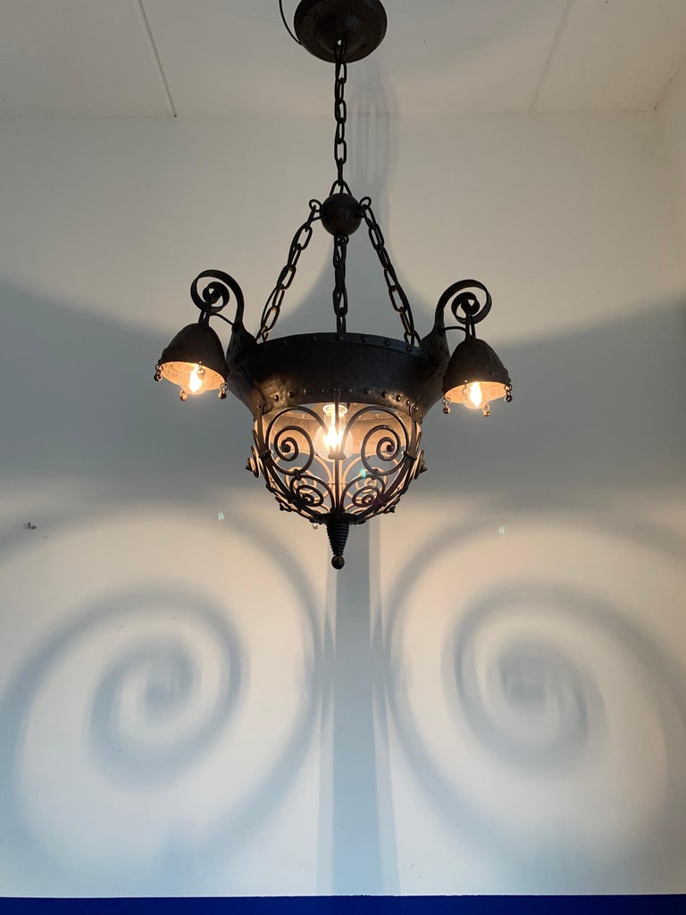 Unique Arts and Crafts Crafted Wrought Iron Chandelier / 4-Light Fixture, 1890s For Sale 13