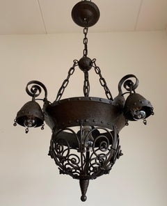 Unique Arts and Crafts Crafted Wrought Iron Chandelier / 4 Light Pendant, 1890s
