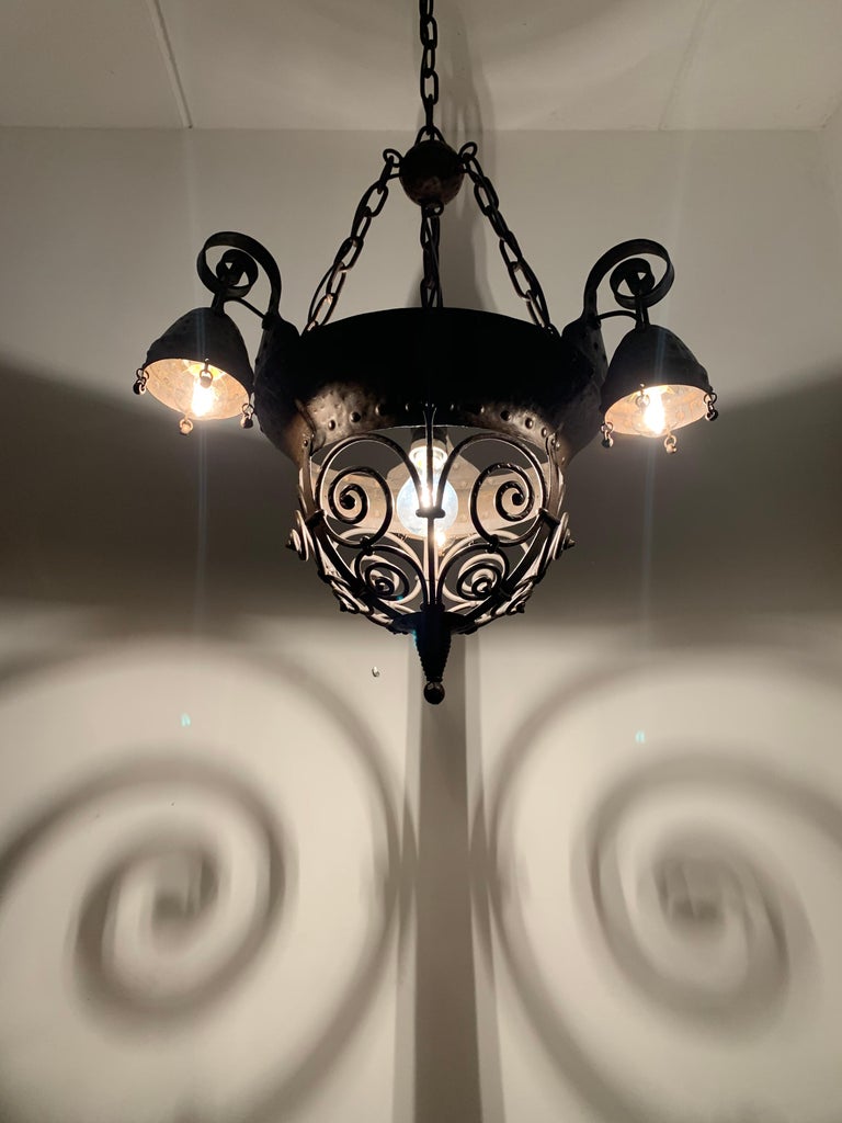 Unique Arts and Crafts Crafted Wrought Iron Chandelier / 4-Light Fixture, 1890s For Sale 14