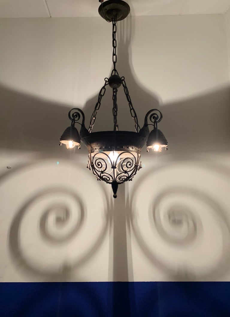 European Unique Arts and Crafts Crafted Wrought Iron Chandelier / 4-Light Fixture, 1890s For Sale