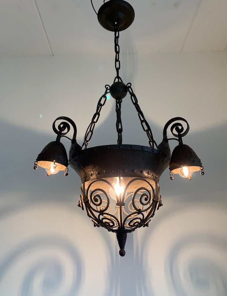 Forged Unique Arts and Crafts Crafted Wrought Iron Chandelier / 4-Light Fixture, 1890s For Sale