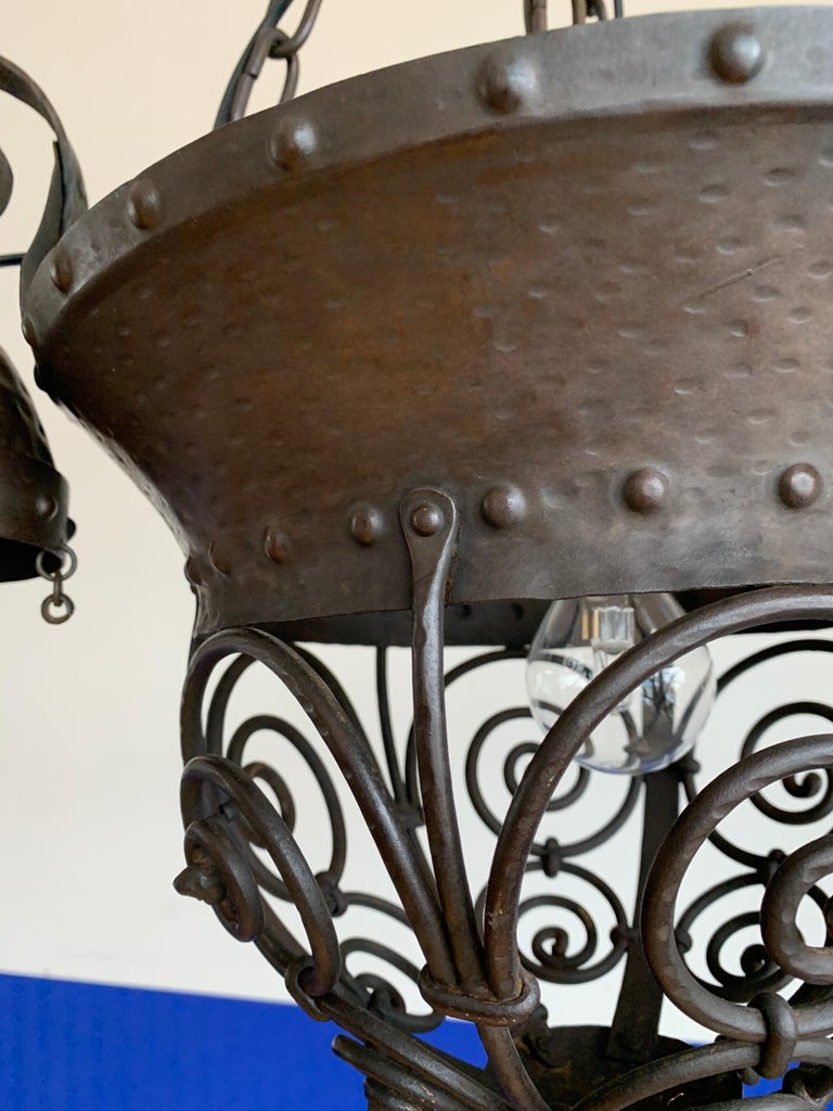 Unique Arts and Crafts Crafted Wrought Iron Chandelier / 4-Light Fixture, 1890s For Sale 2
