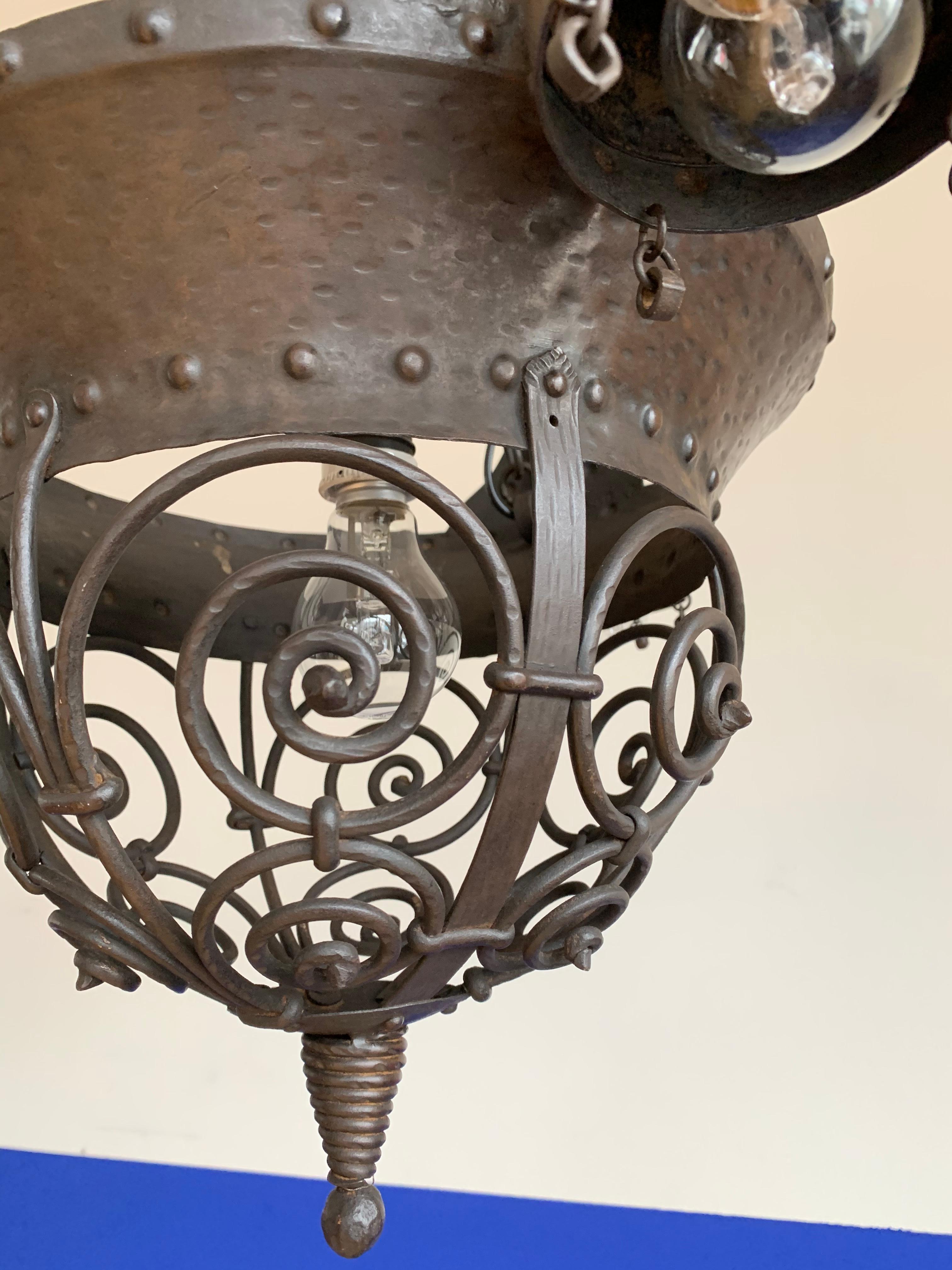 19th Century Unique Arts and Crafts Crafted Wrought Iron Chandelier / 4 Light Pendant, 1890s For Sale