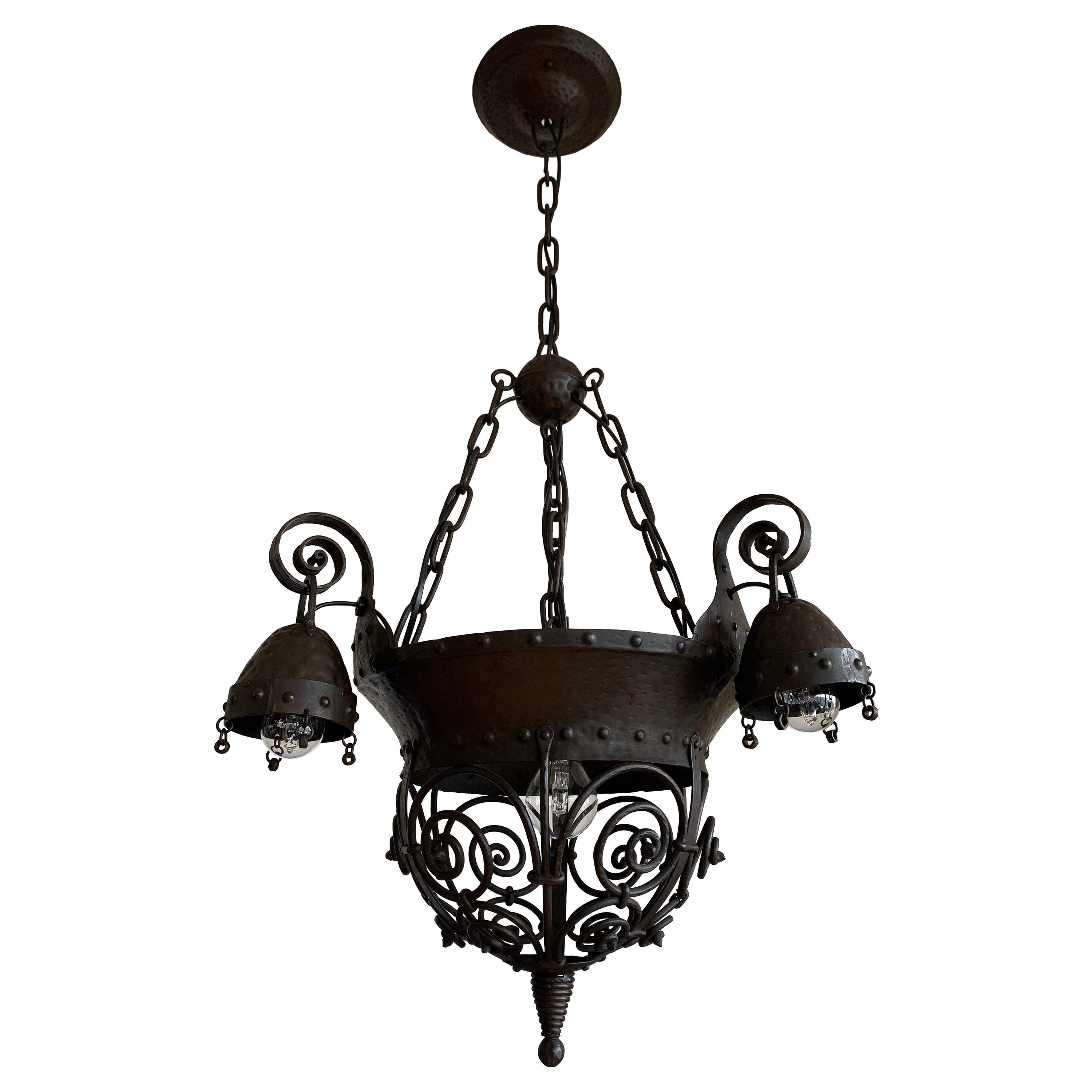 Unique Arts and Crafts Crafted Wrought Iron Chandelier / 4-Light Fixture, 1890s