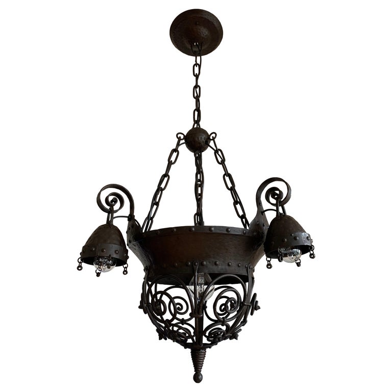 Unique Arts and Crafts Crafted Wrought Iron Chandelier / 4-Light Fixture, 1890s For Sale