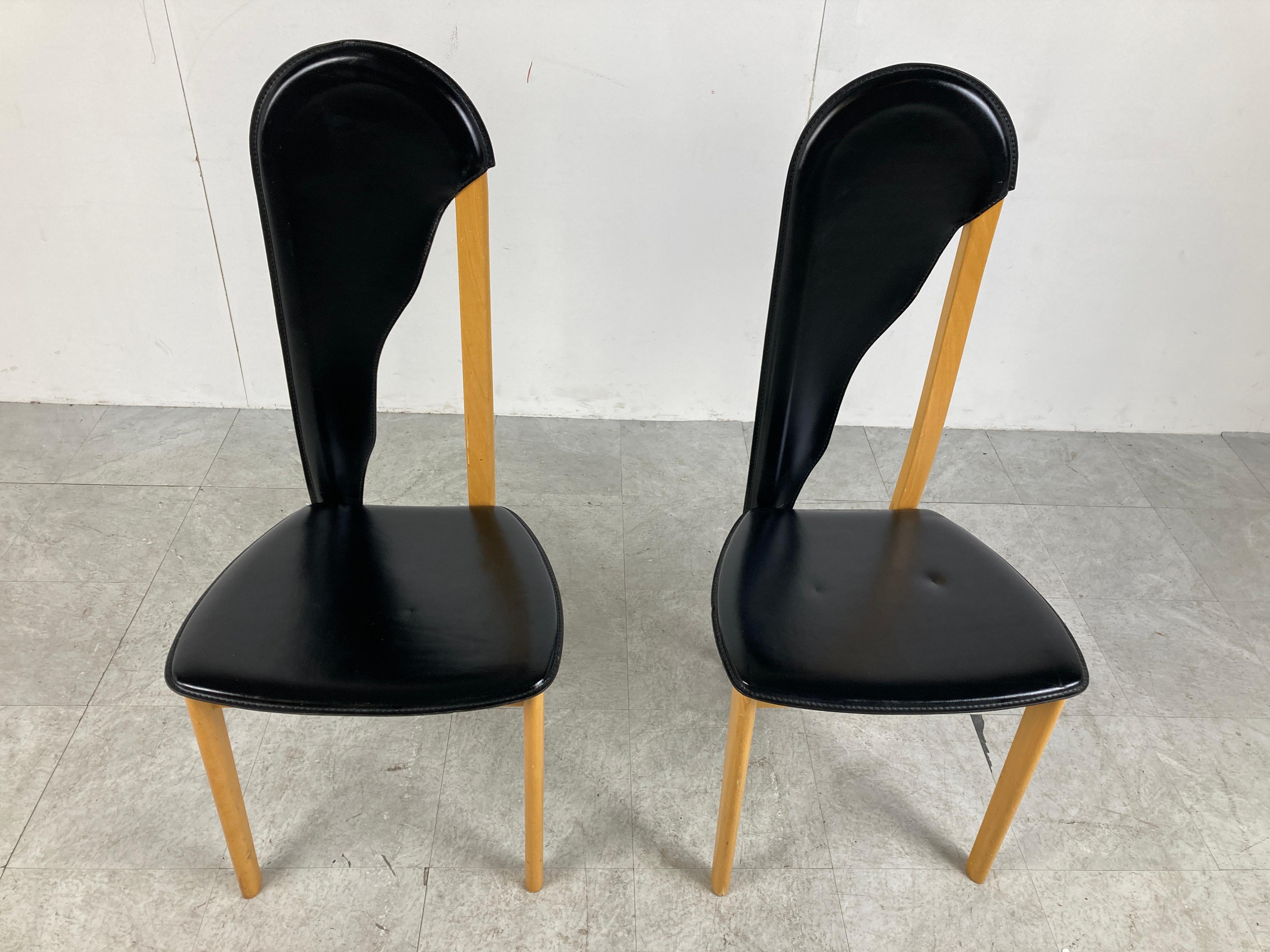 Post-Modern Unique Leather and Wooden Dining Chairs, 1980s