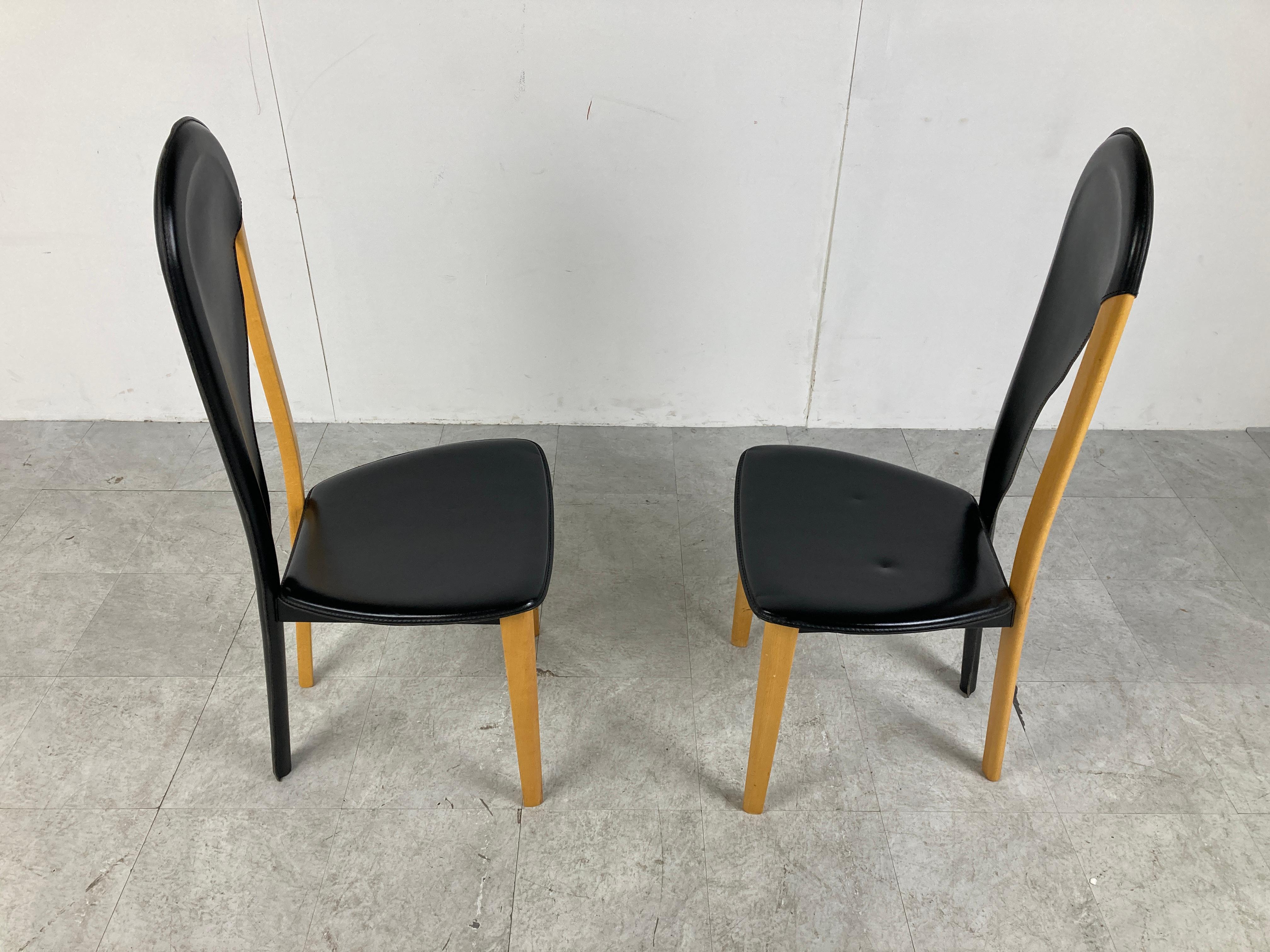 Late 20th Century Unique Leather and Wooden Dining Chairs, 1980s