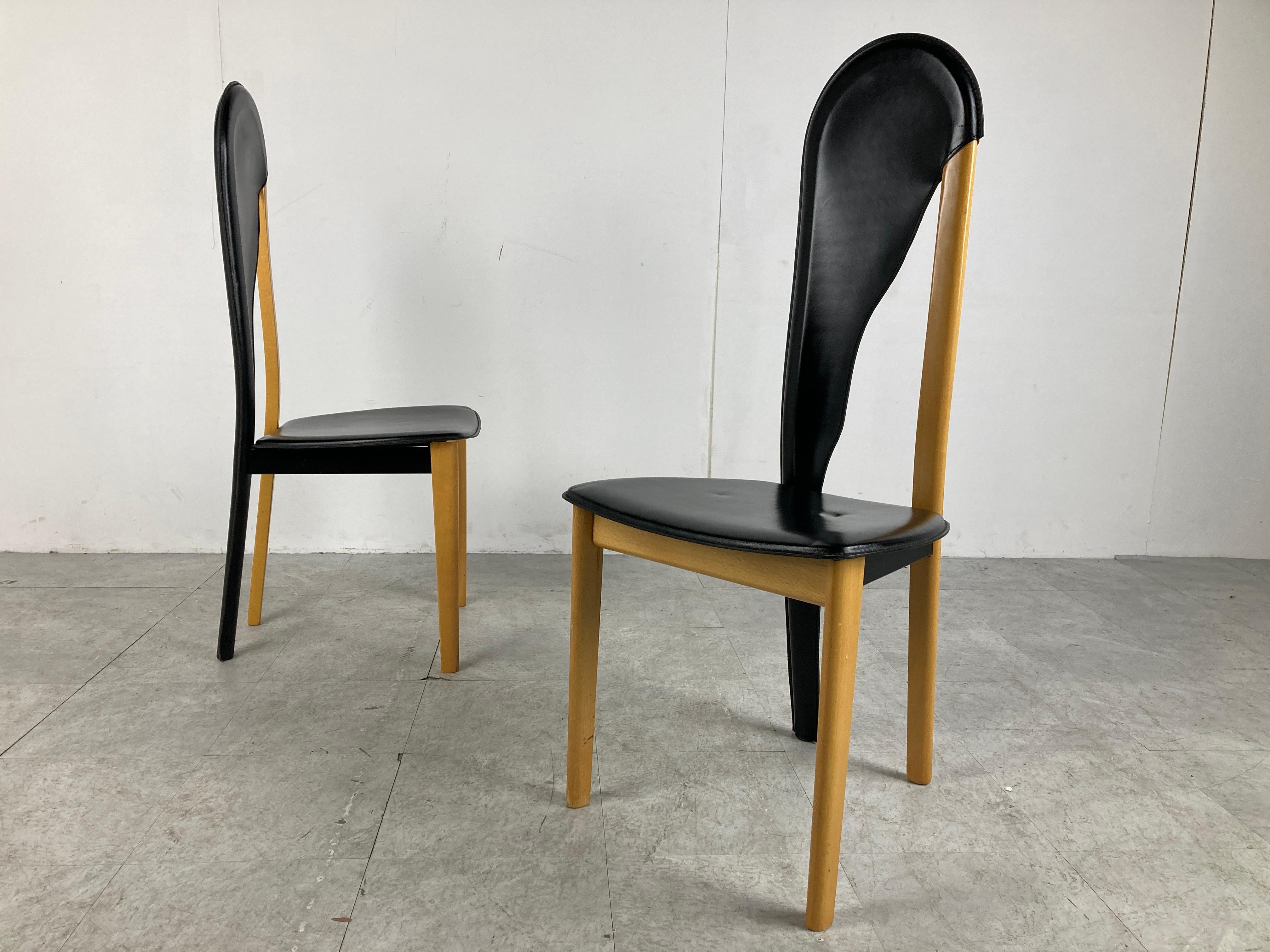 Unique Leather and Wooden Dining Chairs, 1980s 3