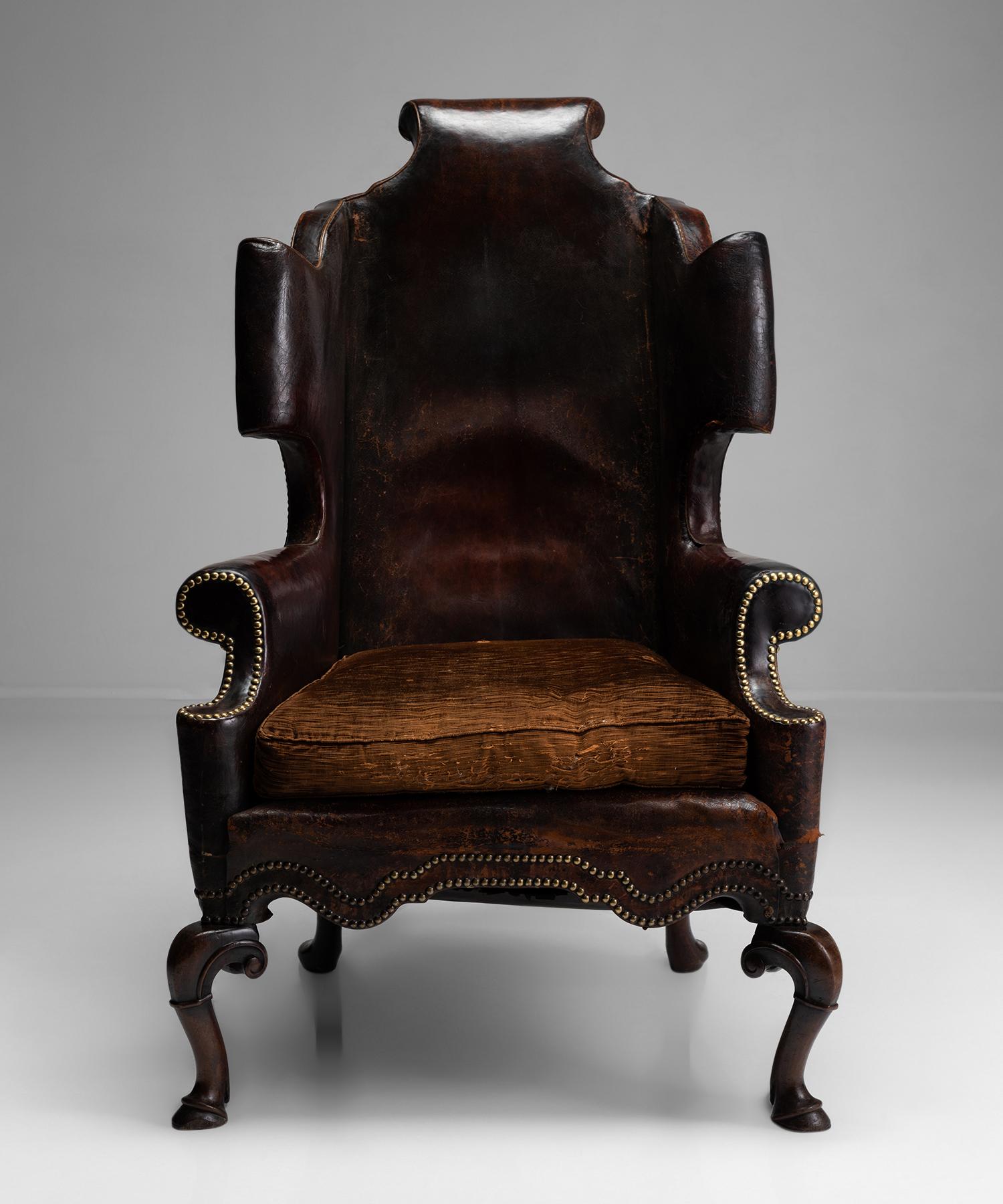 Hand-Carved Monumental Leather Wingback Chair