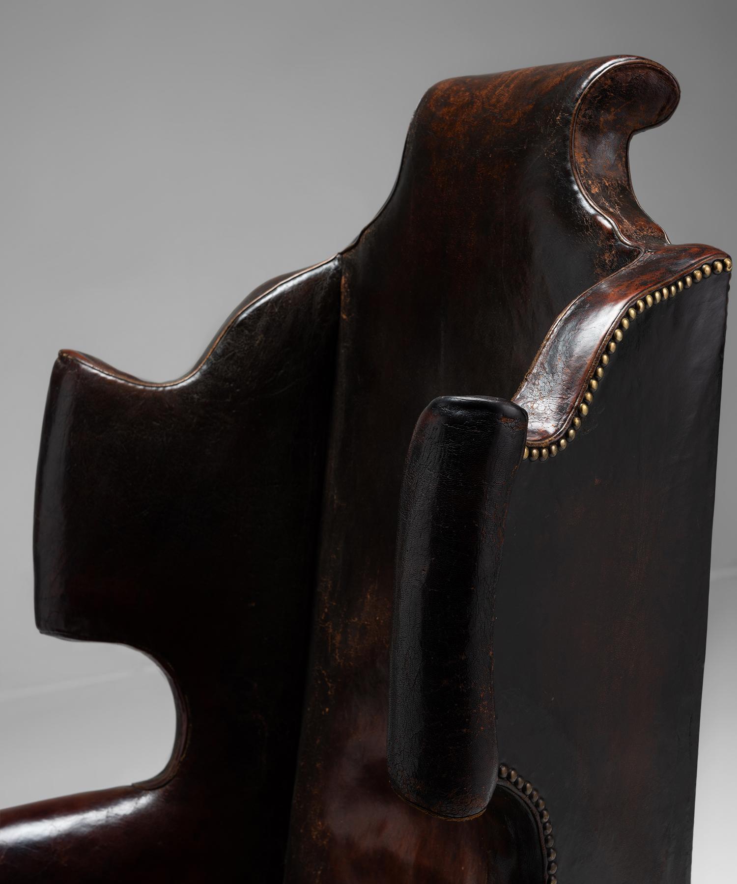 Walnut Monumental Leather Wingback Chair