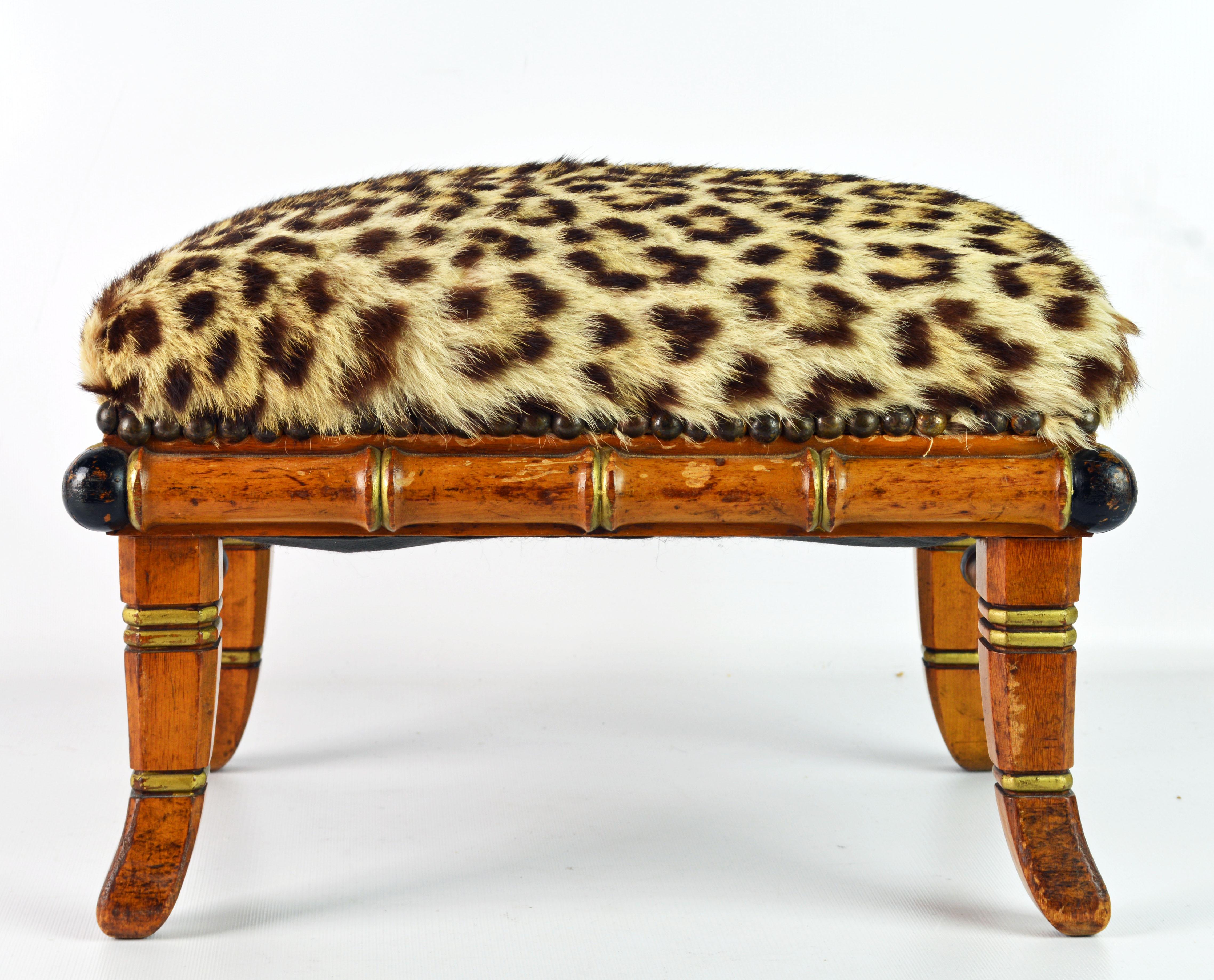 Unique Leopard Covered English Aesthetic Movement Faux Bamboo Footstool In Good Condition In Ft. Lauderdale, FL