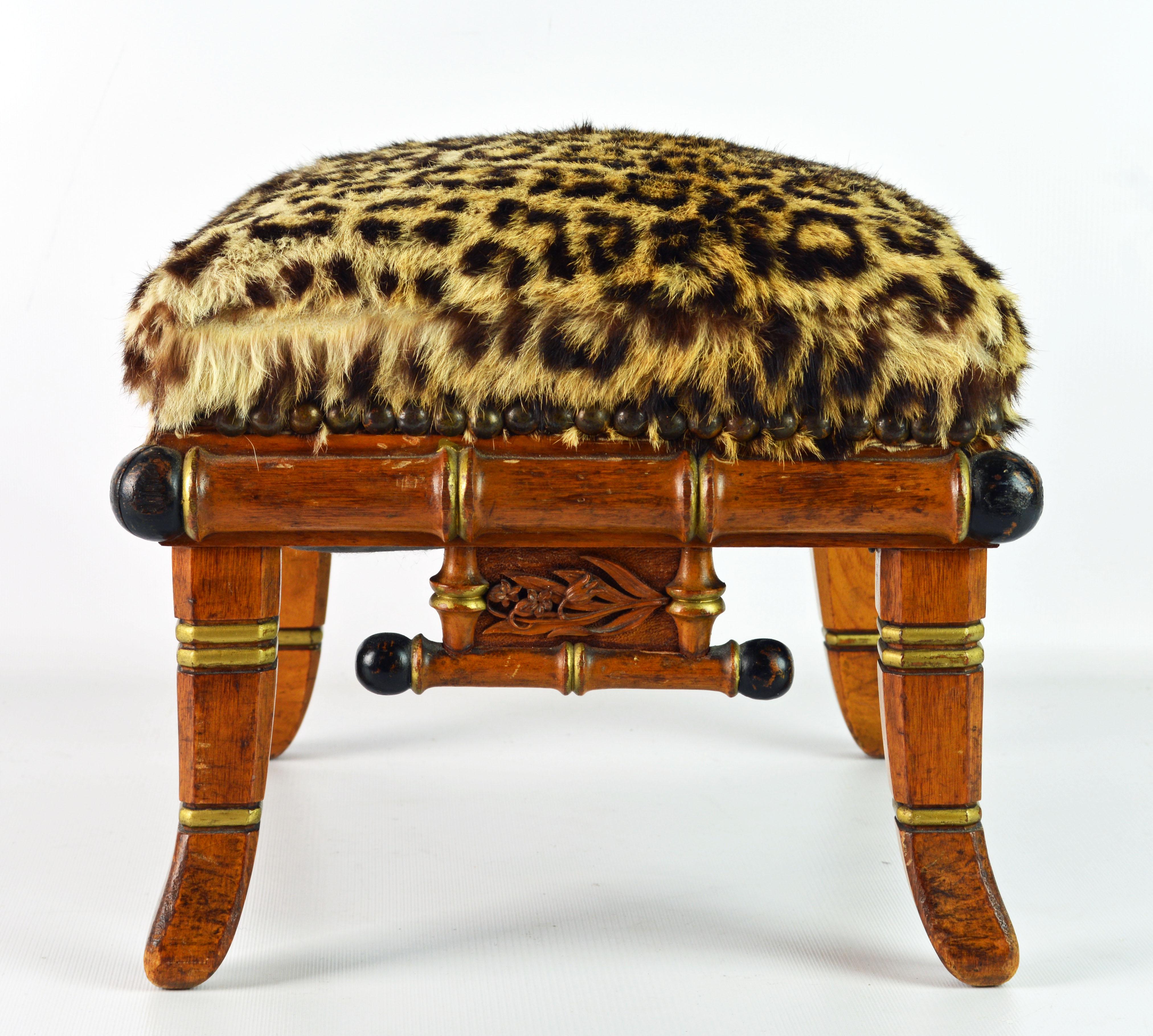 19th Century Unique Leopard Covered English Aesthetic Movement Faux Bamboo Footstool