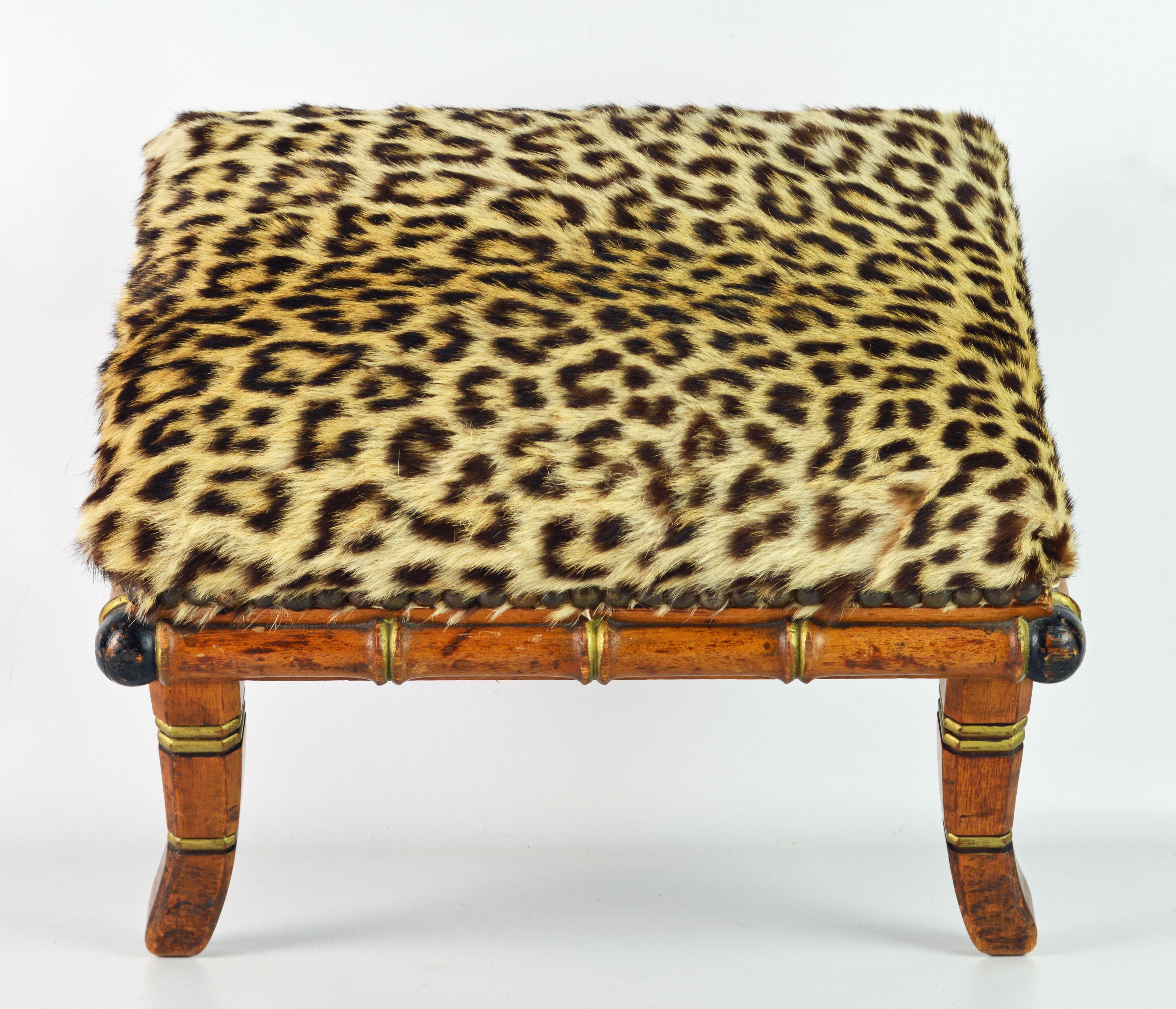 Unique Leopard Covered English Aesthetic Movement Faux Bamboo Footstool 1