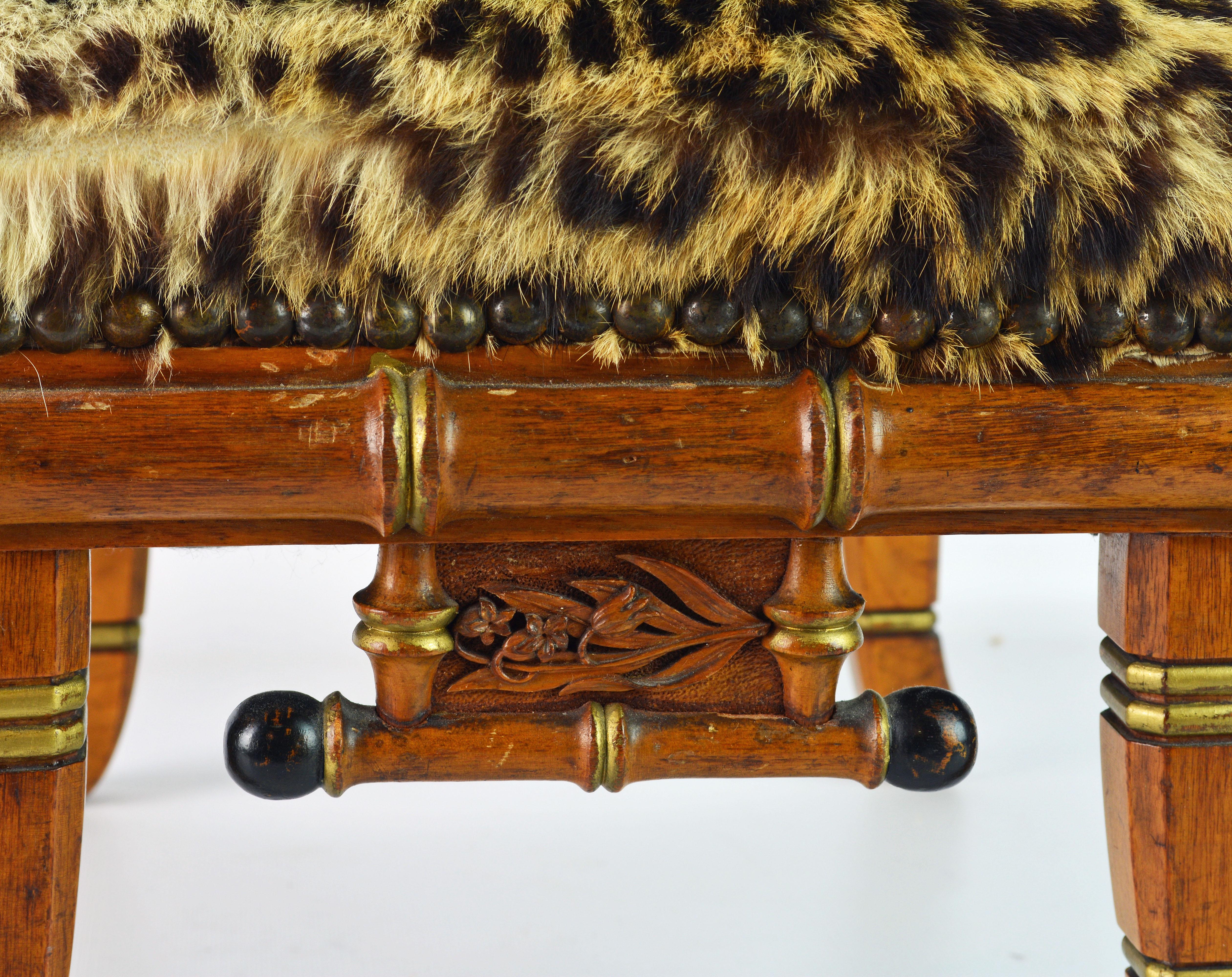 Unique Leopard Covered English Aesthetic Movement Faux Bamboo Footstool 3