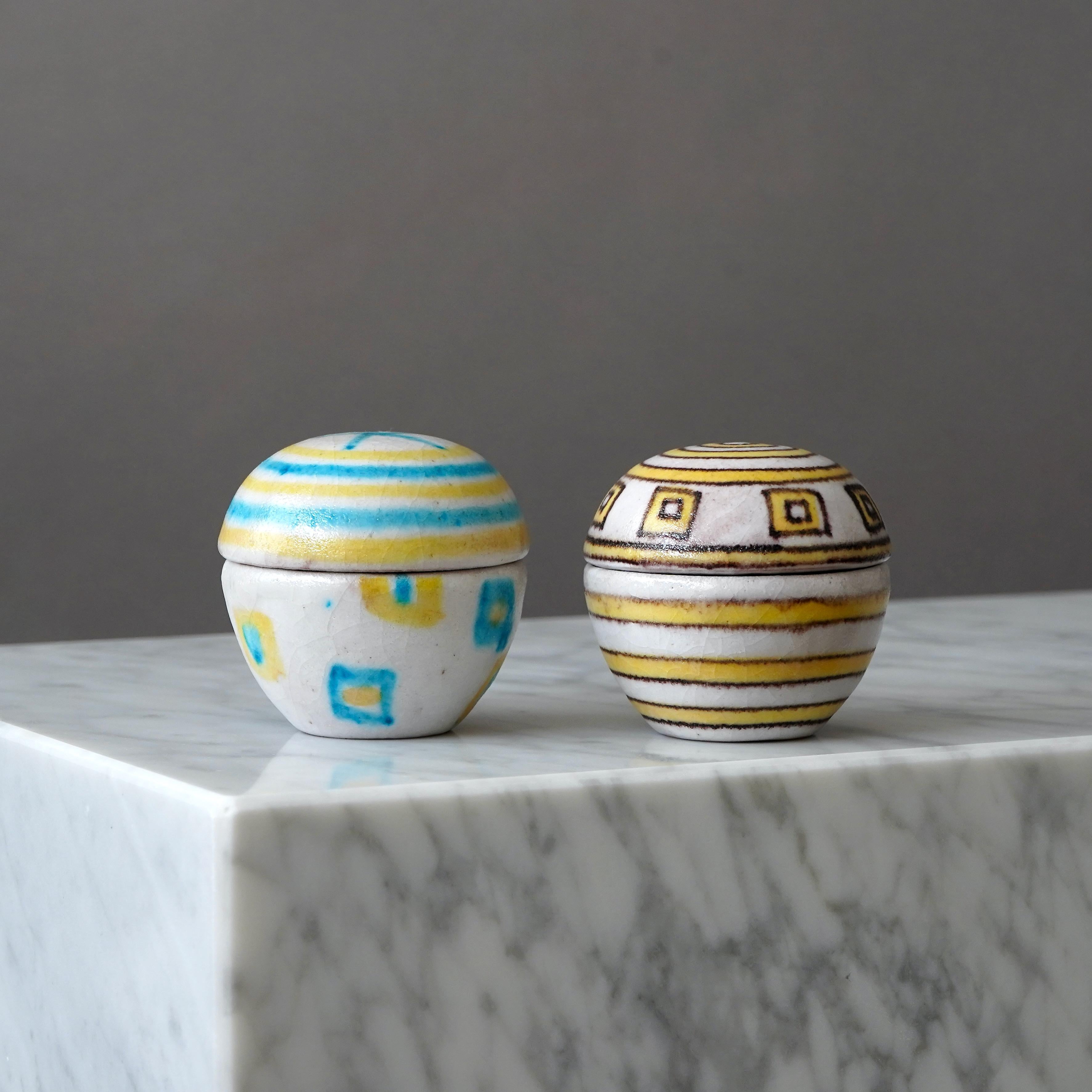 20th Century Unique Lidded Ceramic Boxes by Guido Gambone. Florence, Italy, 1950s