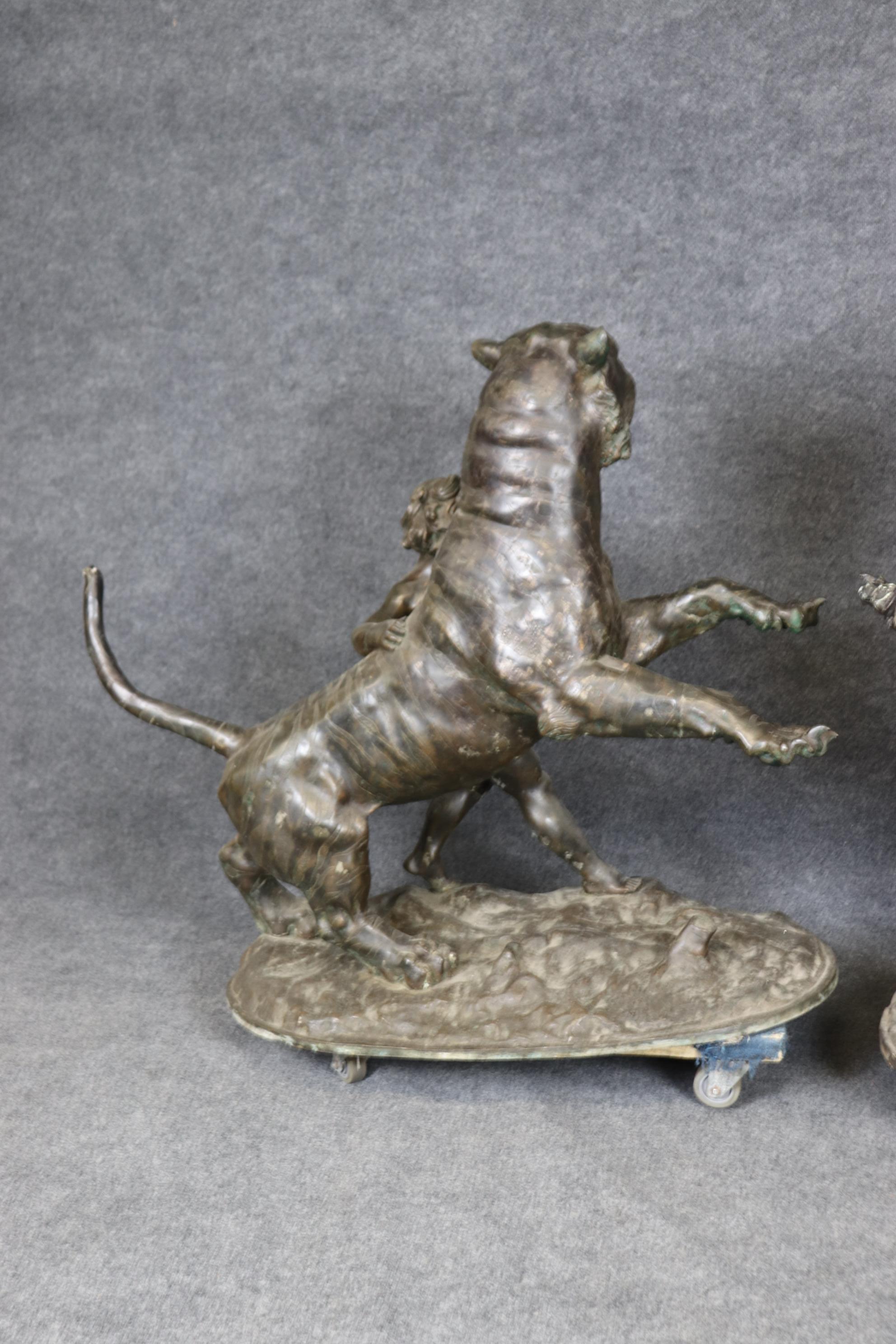 Paire unique de grande taille en bronze représentant un lion et un tigre protégeant les enfants en vente 4