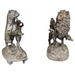 Unique Life-Size Pair of Bronze Large Lion and Tiger Protecting Children
