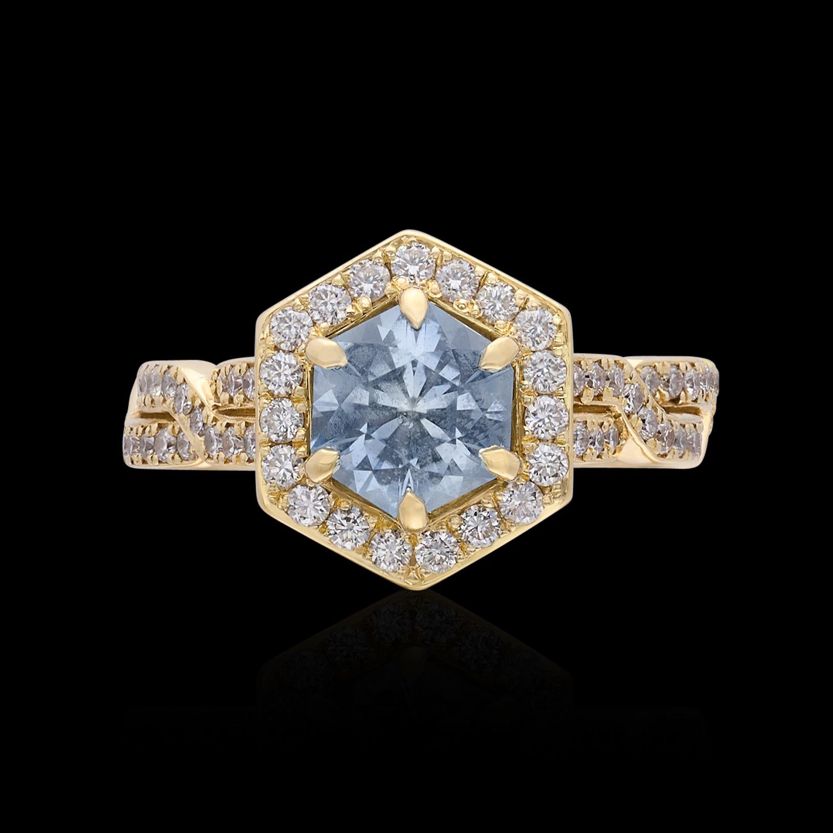 Modern Unique Light Blue Hexagon Cut Sapphire & Diamond Ring