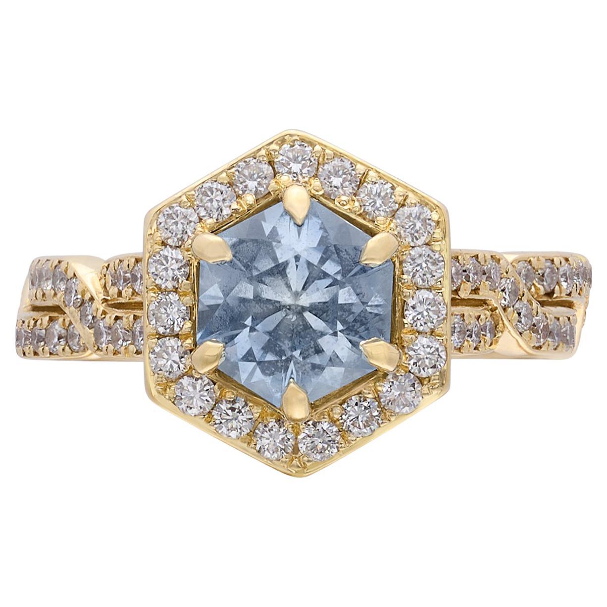 Unique Light Blue Hexagon Cut Sapphire & Diamond Ring