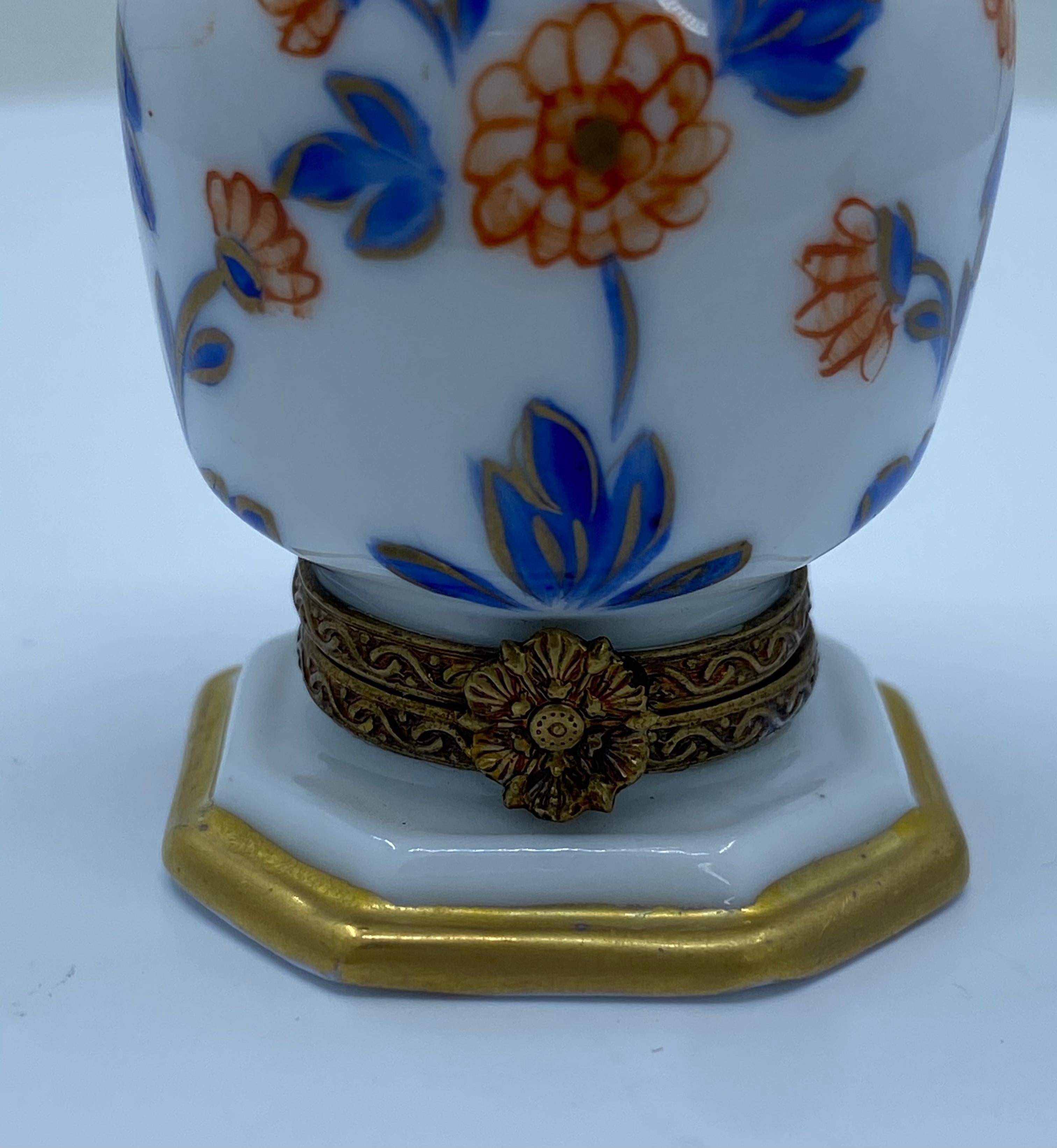 French Unique Limoges France Hand Painted Porcelain Vase Trinket Box with Floral Motif For Sale