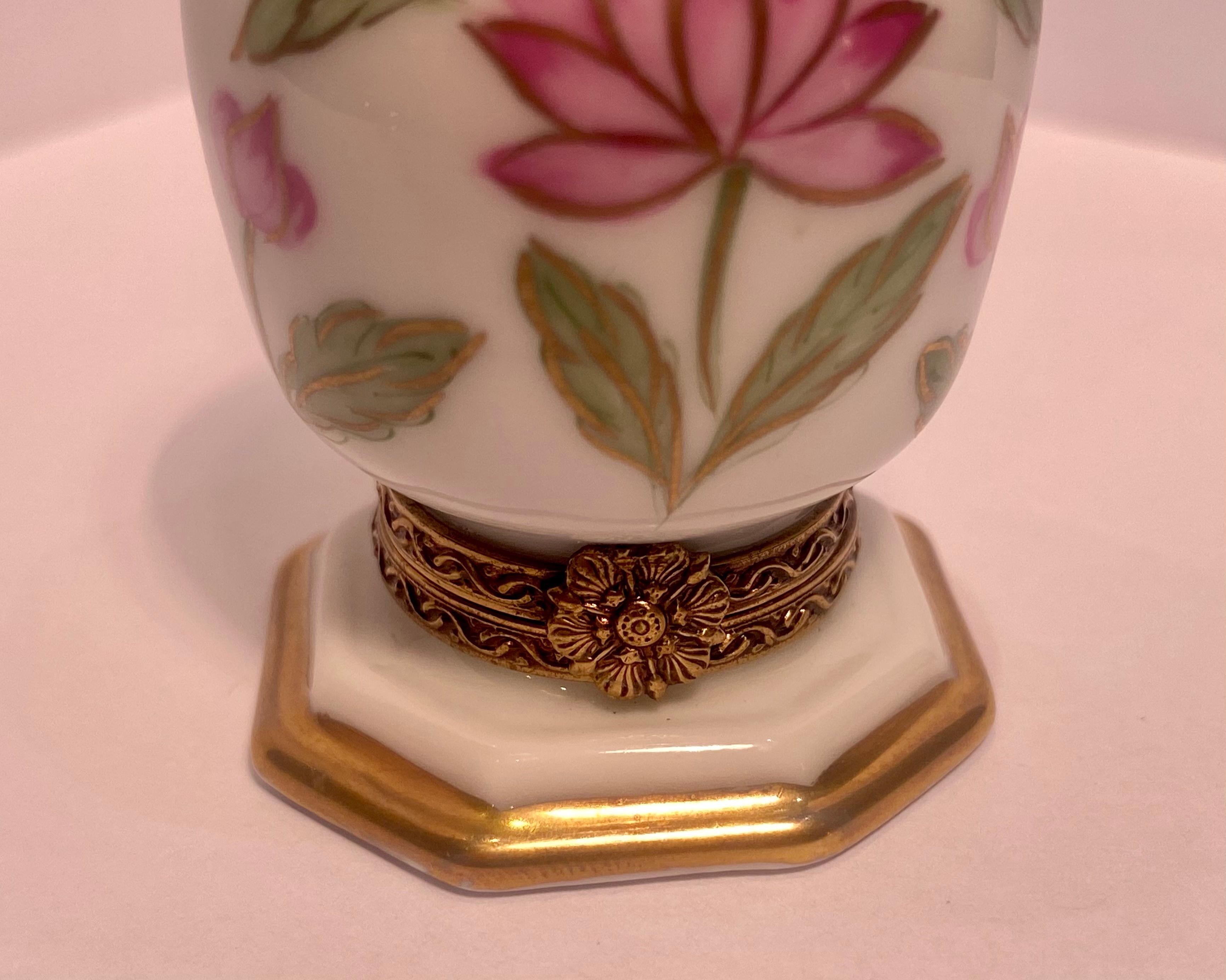 French Unique Limoges France Hand Painted Porcelain Vase Trinket Box with Lotus Flowers For Sale