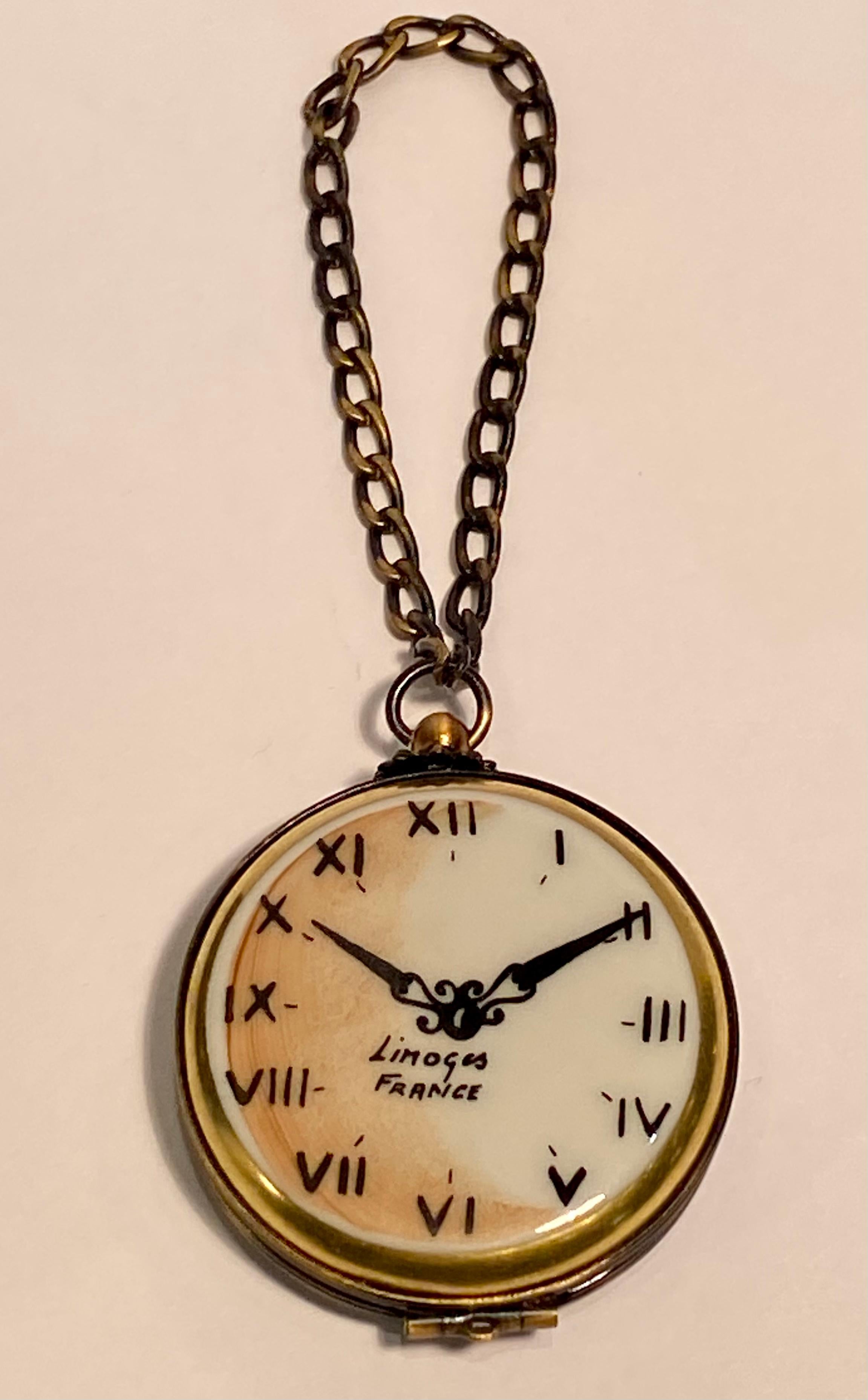 Unique Limoges France Pocket Watch Time for Celebration Trinket Box with Chain 1