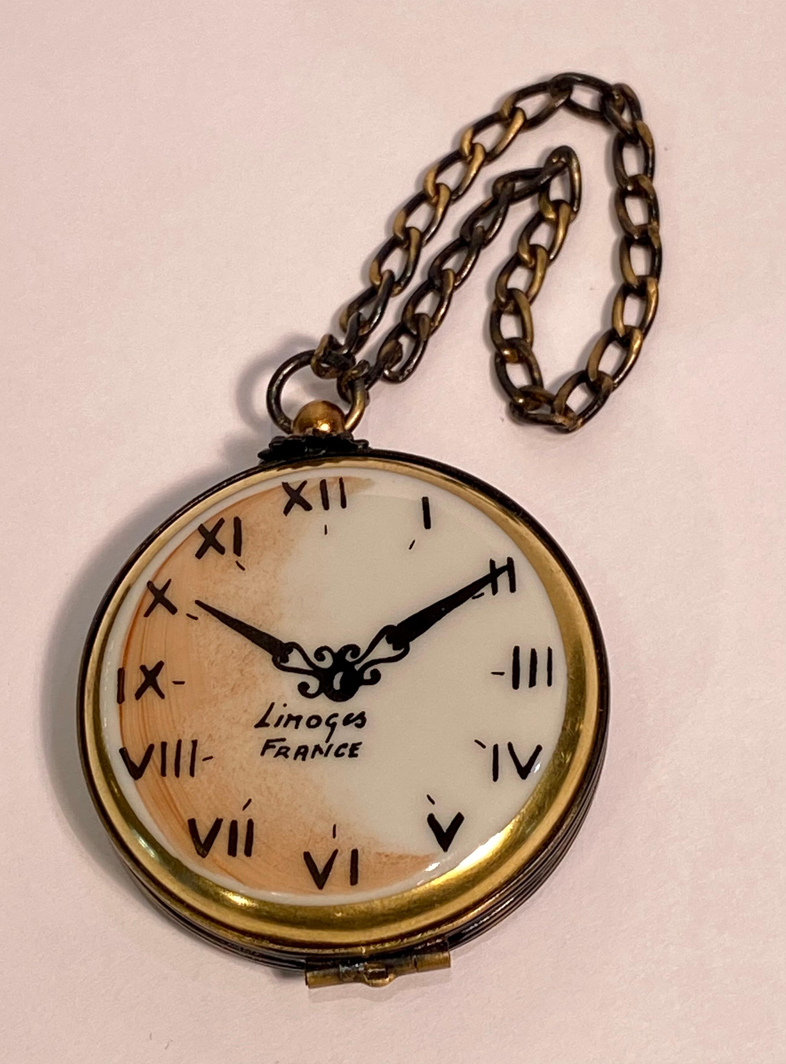 French Unique Limoges France Pocket Watch Time for Celebration Trinket Box with Chain