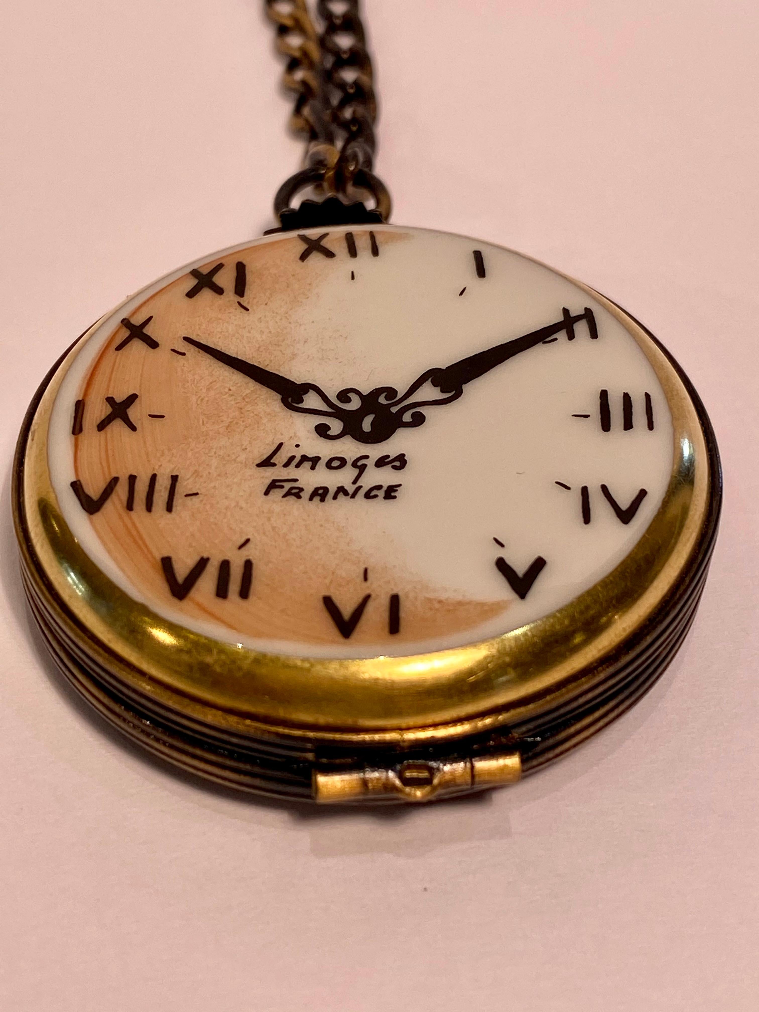 Porcelain Unique Limoges France Pocket Watch Time for Celebration Trinket Box with Chain