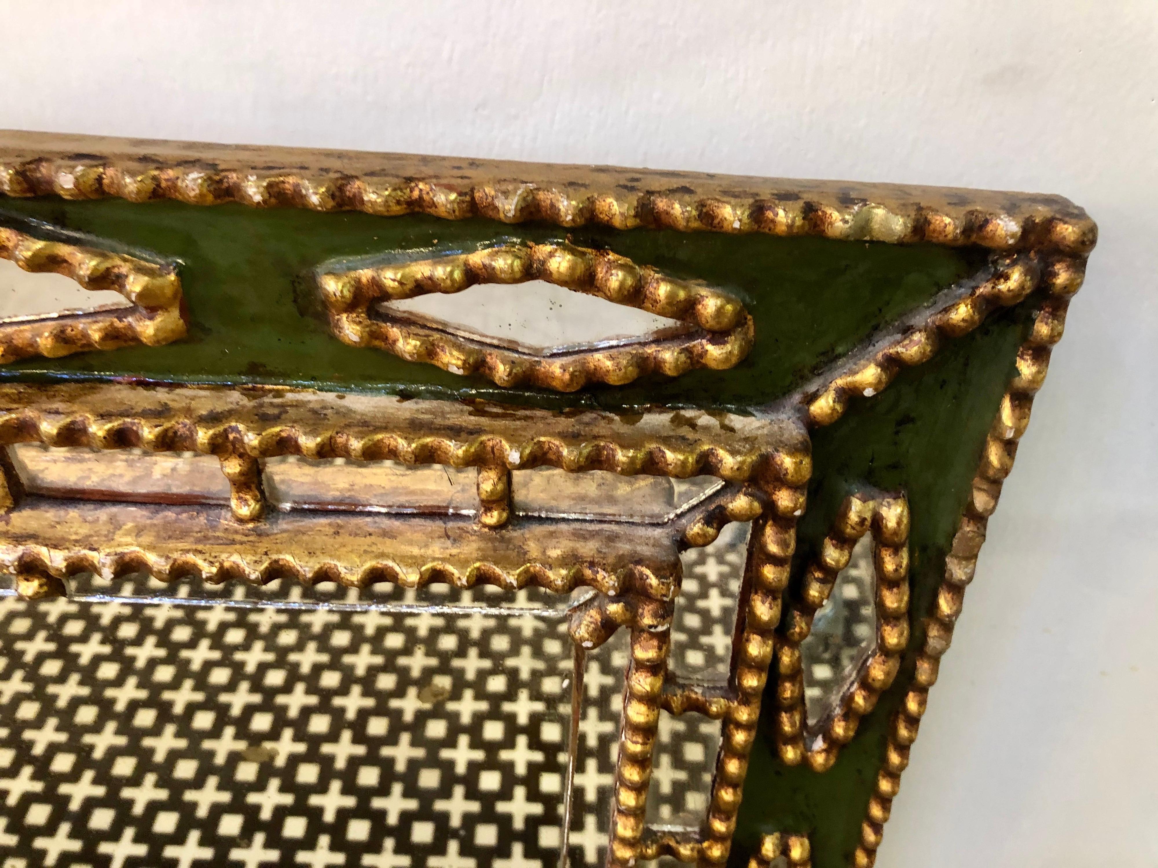 Mid-Century Modern Unique Line Vautrin Style Gilt and Green Enameled Mirror