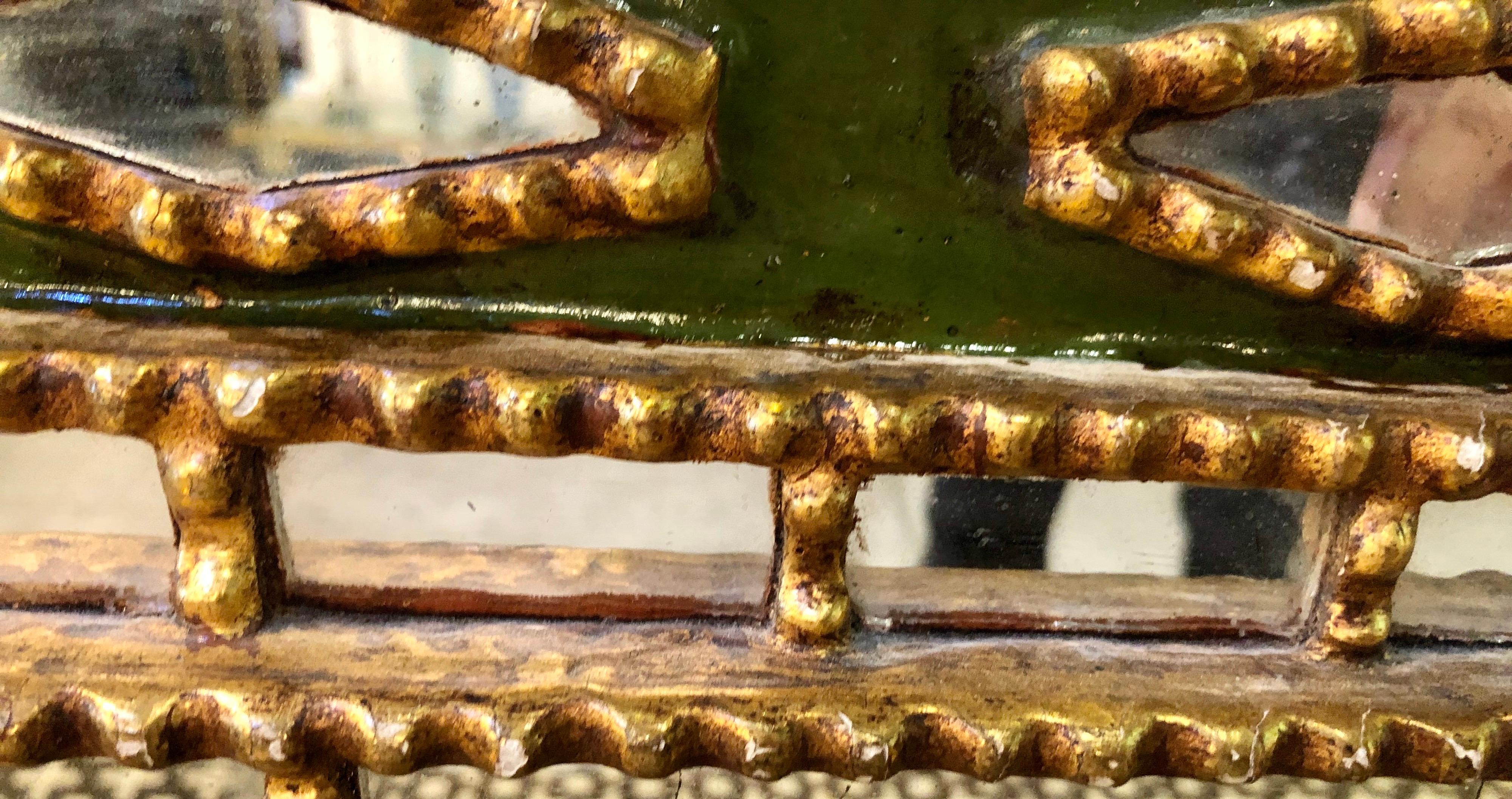 French Unique Line Vautrin Style Gilt and Green Enameled Mirror