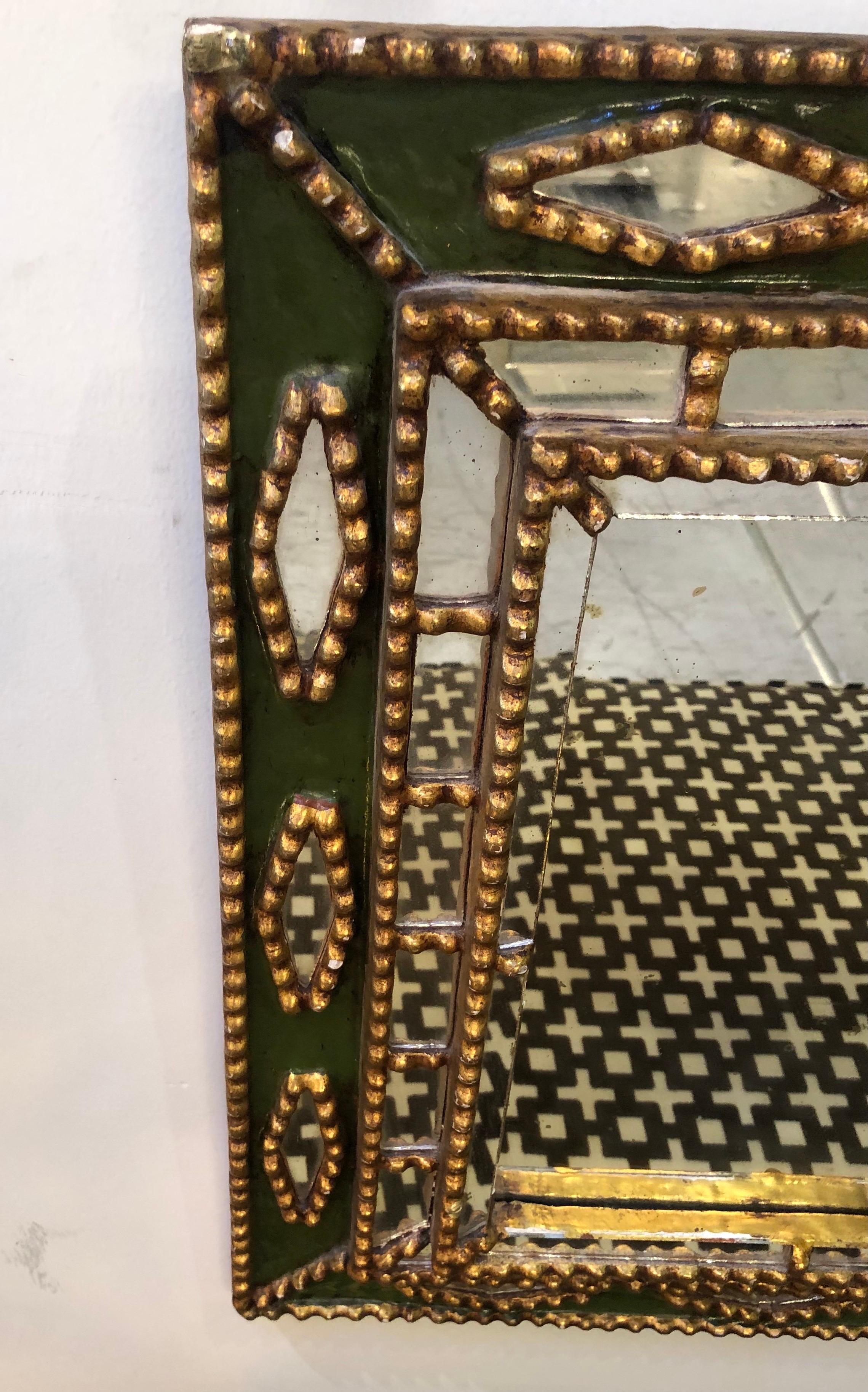 Unique Line Vautrin Style Gilt and Green Enameled Mirror In Good Condition In Miami, FL