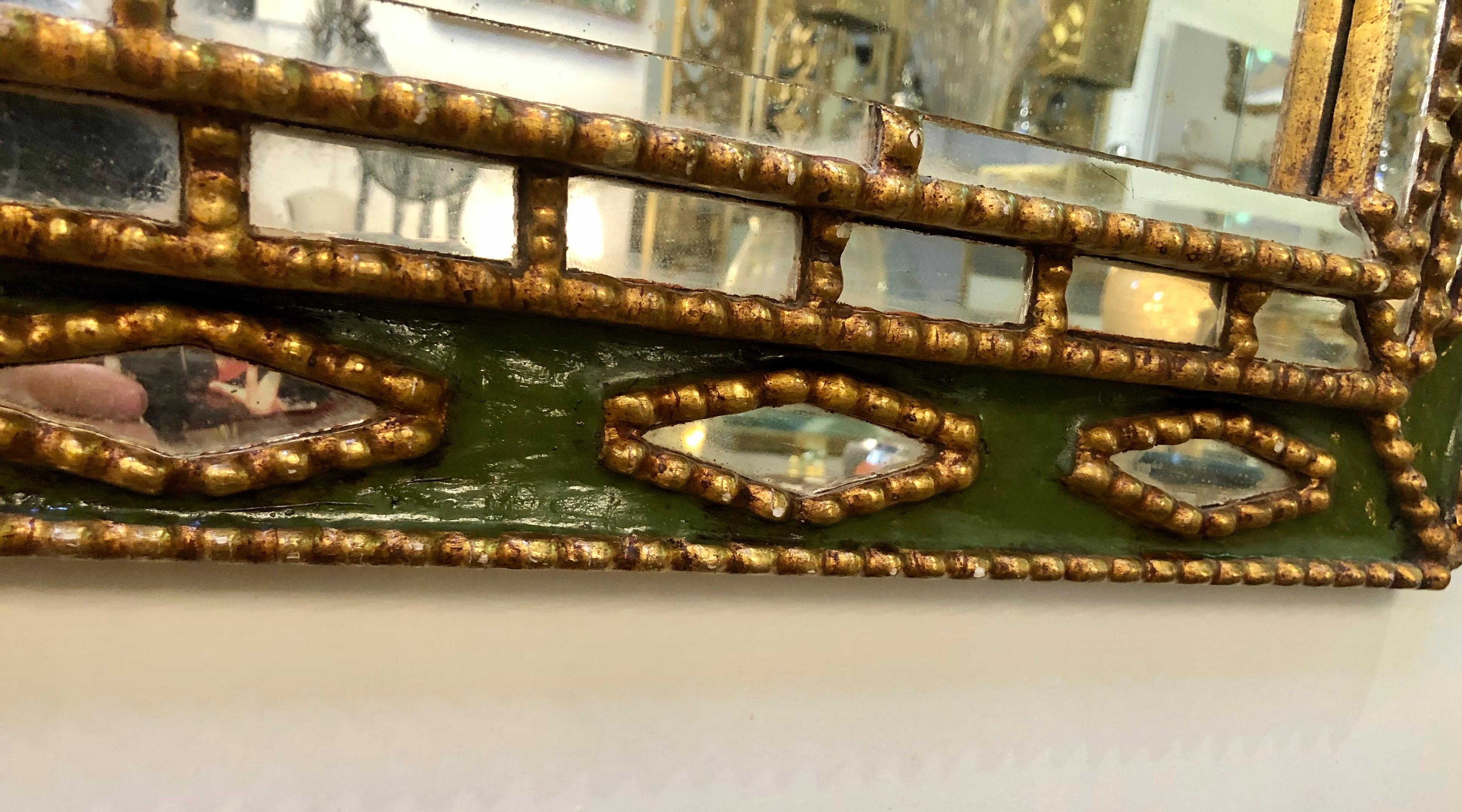 20th Century Unique Line Vautrin Style Gilt and Green Enameled Mirror