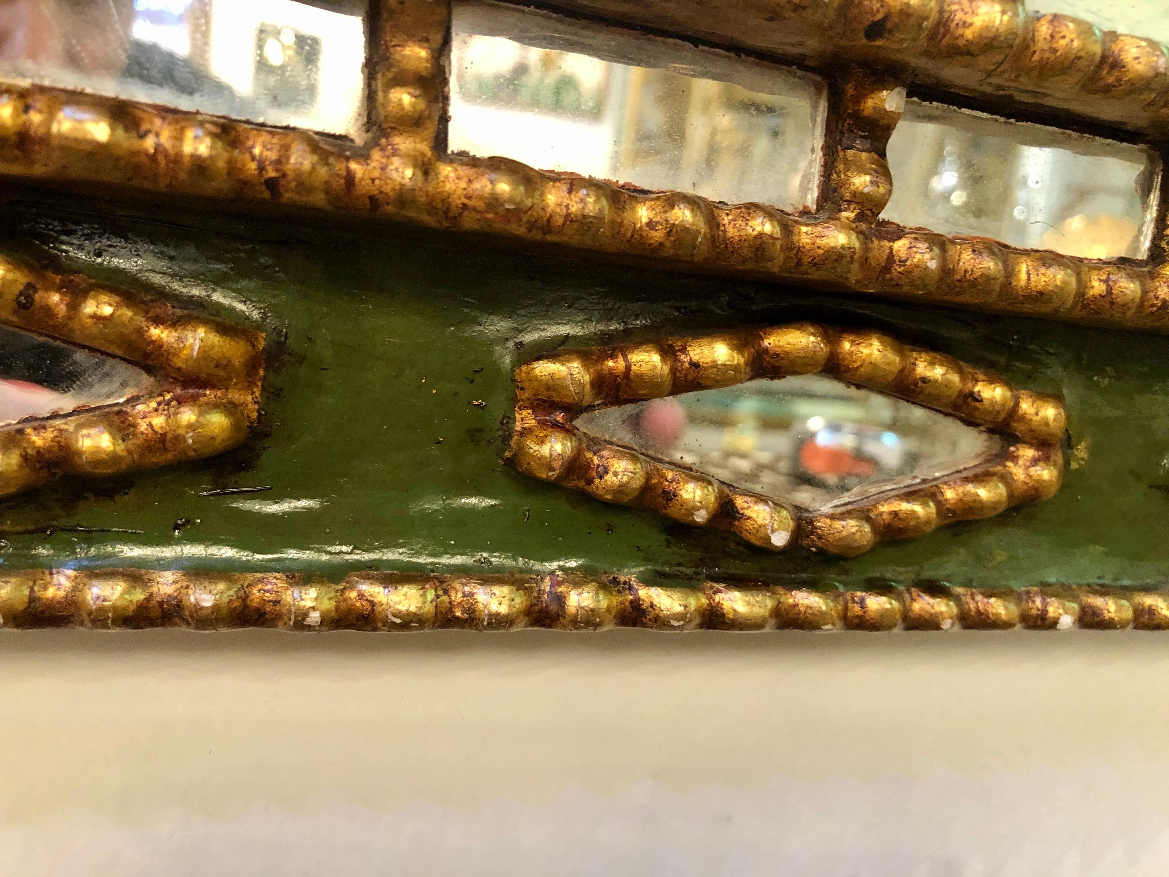 Unique Line Vautrin Style Gilt and Green Enameled Mirror 1