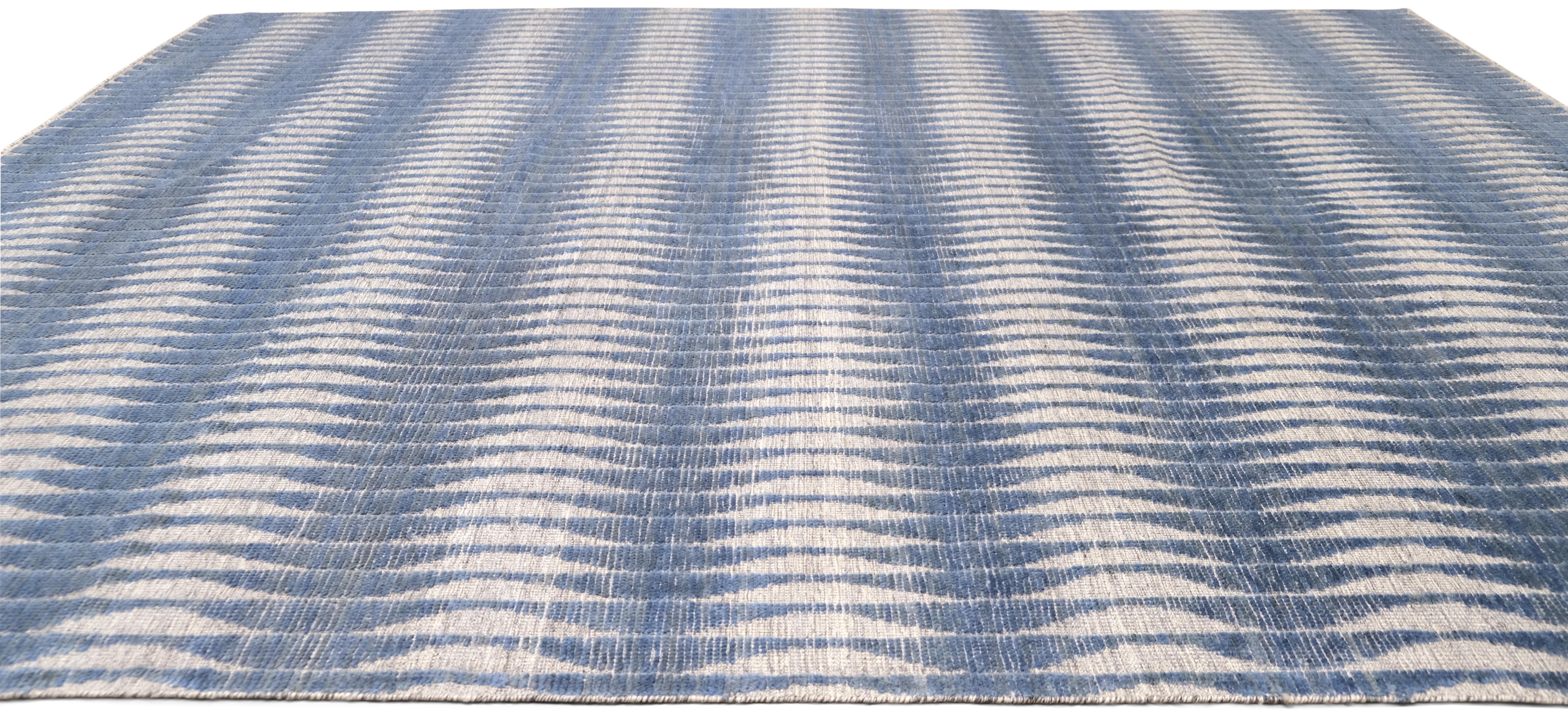 Indian Unique Linear Wave Patterned Wool Rug 8'8''x11'5'' For Sale