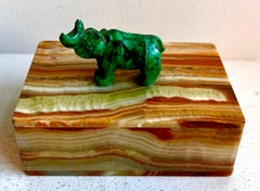 Unique Lined Onyx Jewelry Box with Malachite Hippopotamus, circa 1960's