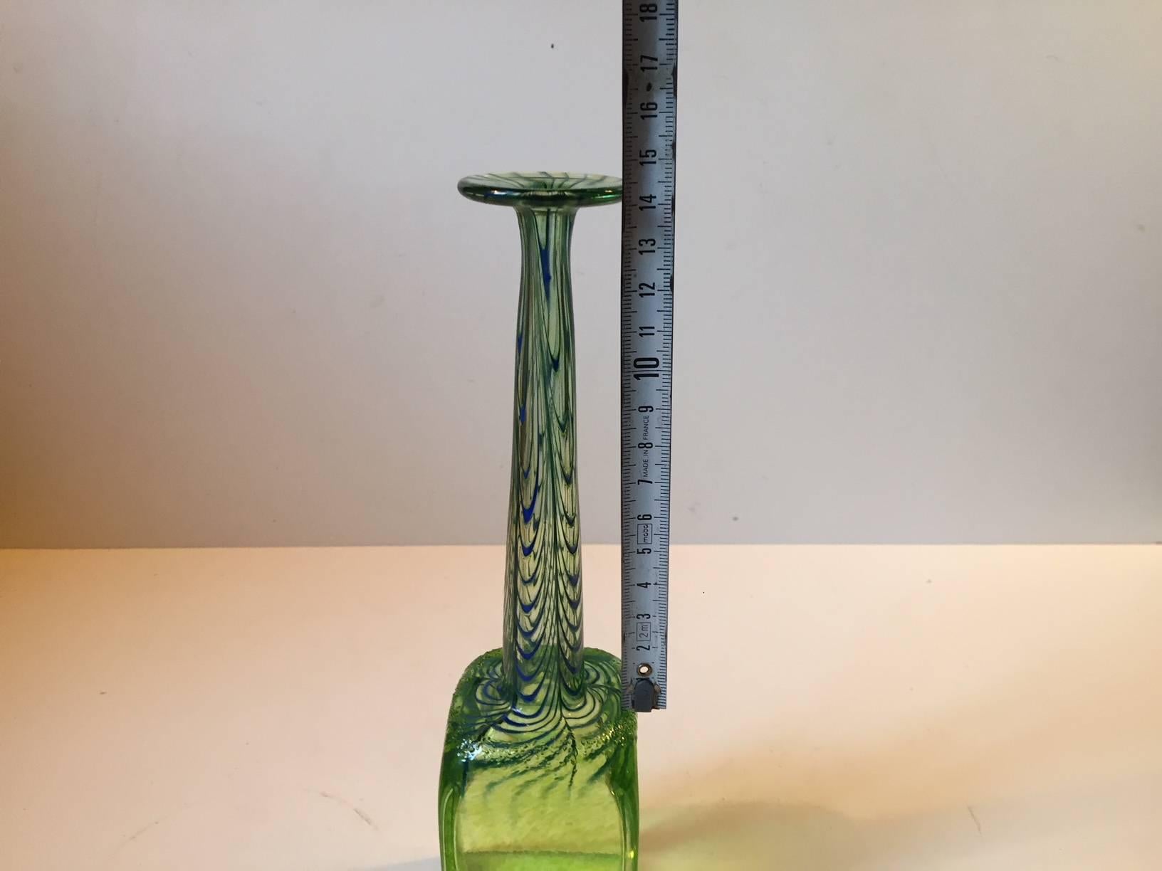 Mid-Century Modern Unique Long Necked Green Art Glass Vase, Scandinavia, 1960s For Sale