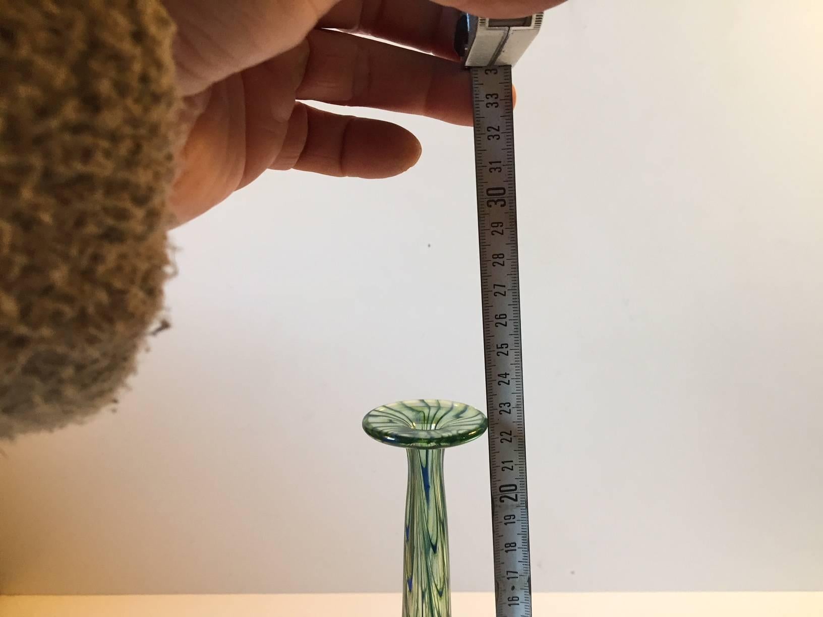 European Unique Long Necked Green Art Glass Vase, Scandinavia, 1960s For Sale